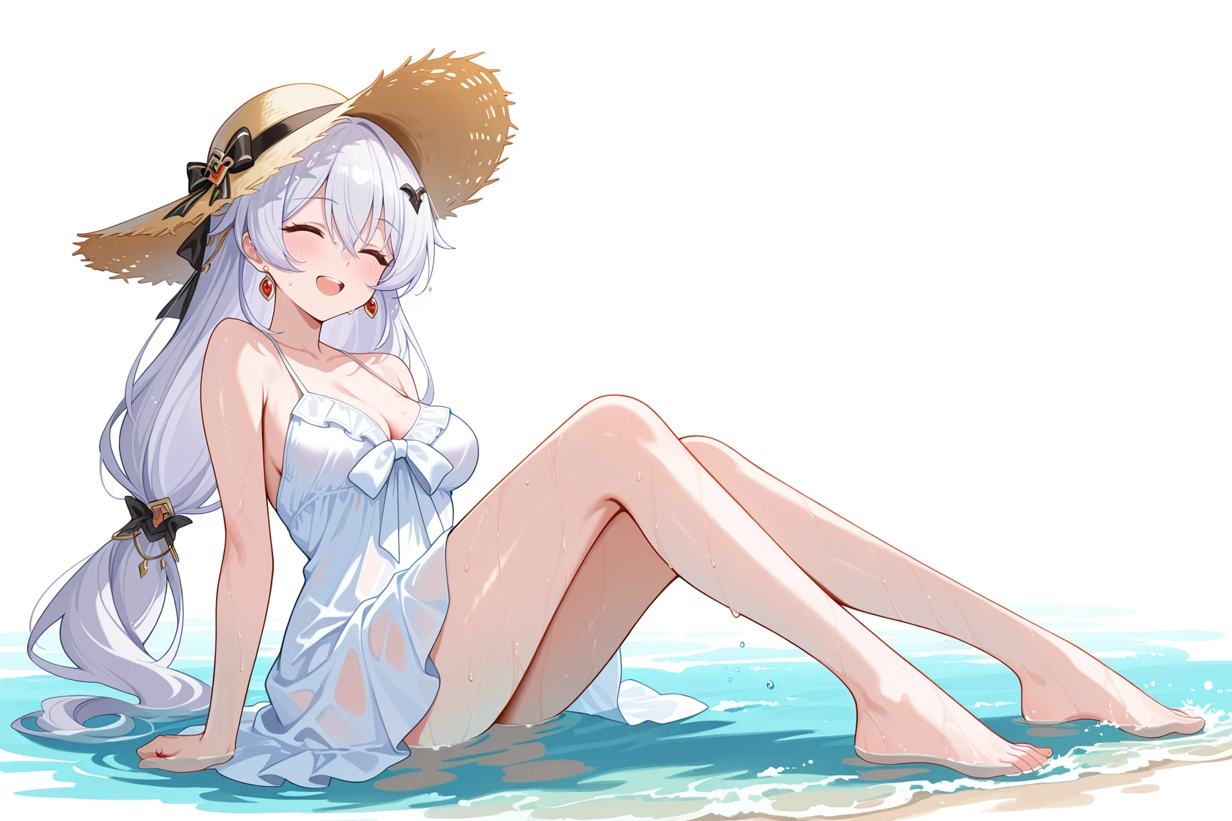 girl, hair ornament, gray hair, long hair, small breasts, thigh highs, gradient eyes, on beach, sun glasses, fellacio gesture, tounge, saliva, drooling, tight clothes,