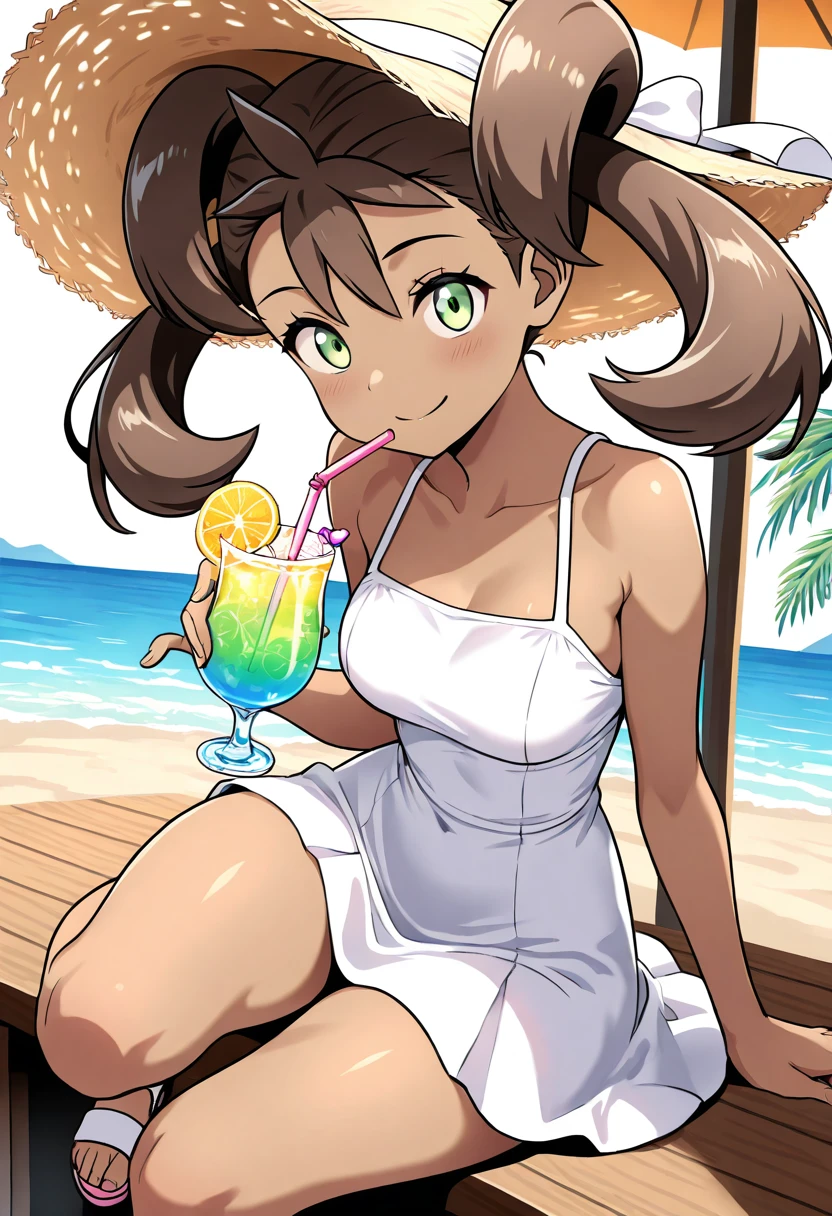 masterpiece, best quality, solo, curvy, beautiful eyes,  smile, looking at viewer, foreshortening, wide hips, narrow waist, upper body, close up, dynamic angle,   zzShauna, dark skin, twintails, brown hair, long hair, green eyes, <lora:ShaunaPokemon_IXL_v1:0.8>,[Tropical Summer Escape], White sundress, wide-brimmed sun hat, open-toe sandals, windswept hair, Sitting at an outdoor café table under palm trees, sipping from a vivid tropical drink with two straws as ocean breeze tousles the dress in golden sunlight.