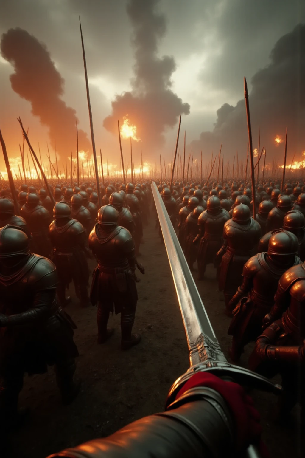 ultra realistic first-person POV,medieval battlefield,intense fire and smoke in the background,cinematic lighting,dramatic atmosphere,armored enemies around,hands holding Excalibur sword,swinging it horizontally at enemy,