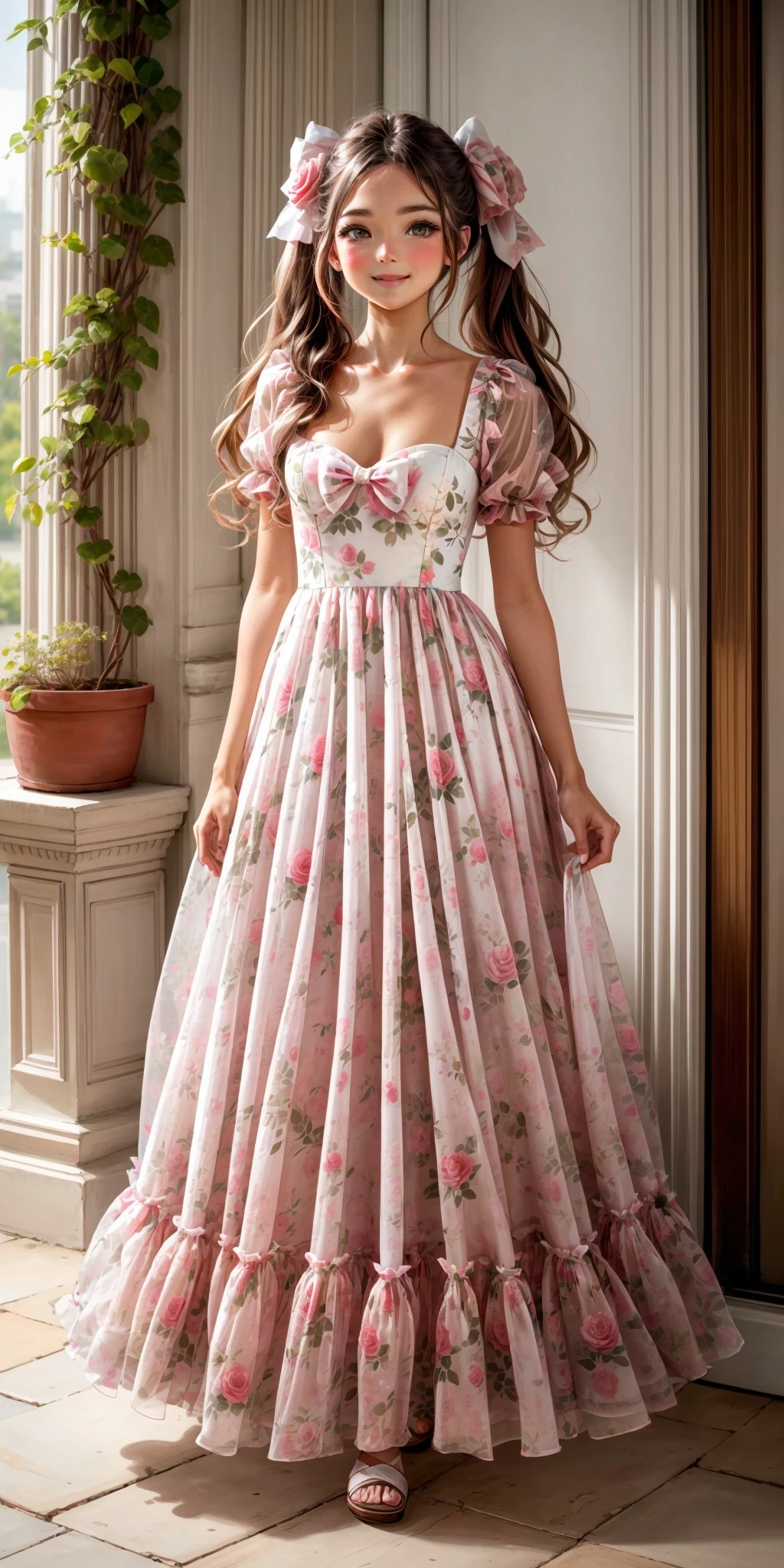 (front facing, facing viewer) 1girl, low twintails, big sparkling green eyes, blush, full face blushing, smile, romanticreverie, warm white dusty pink and green sheer rose print gown, floral print, rose print, dusty pink (rose print on sheer gown), sweetheart neckline, rose print (sheer puffy short sleeves), warm white and dusty pink long attached rose print gown_skirt, bows, white bows, sheer bows, rose print bows, ((detailed background, detailed scenery)), rose garden, white ephemeral butterflies, , <lora:more_details:0.7>, <lora:scene_:0.5>, <lora:FashionComplexityEnhancerLORAv1:0.4>, <lora:c0065bc4-3a5f-4d80-880c-af99664830f8:0.6>, <lora:96073874-f082-4683-942e-601cecac5c40:0.3>, <lora:f7d08feb-f21d-42d0-9ef1-a9481867524d:0.3>, <lora:5844635f-c9c3-4f9e-85c4-d0d40f201159:0.3>, <lora:betterLight_v10:0.3>, ,