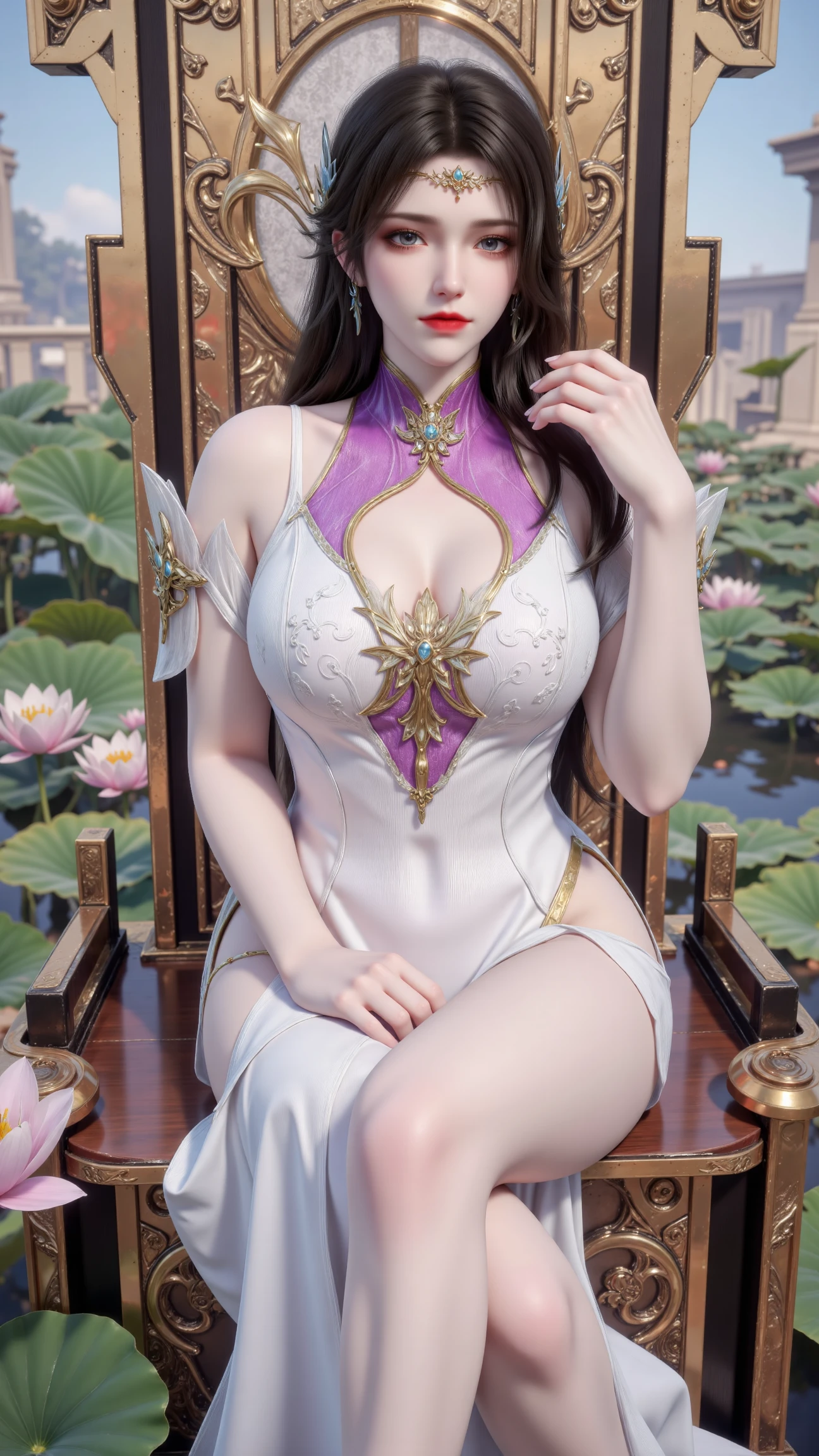 The art depicts a charming woman dressed in a flowing, silky traditional oriental dress, pink, decorated with intricate patterns and bright colors. Her dress drapes elegantly over her curvy figure, accentuating her seductive silhouette. She stood gracefully in the quiet moonlit night, bathed in the soft glow of the moonlight. The scene exudes an ethereal and dreamy atmosphere, with a touch of mystery and sexiness. The graphic style blends watercolor and digital illustration techniques to evoke a refined beauty and charm. The lights are filled with soft moonlight, casting soft highlights and shadows on her charming features. Bare thighs, big breasts
