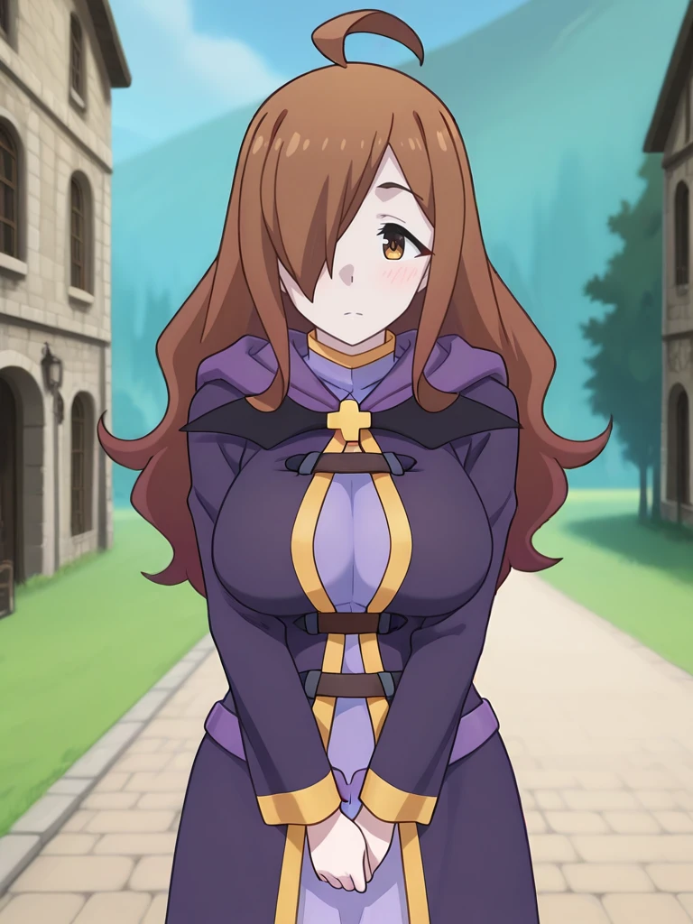 32k, Super-Resolution, professional, masterpiece, best quality, absurdres, award winning, Digital Art, very aesthetic, absolutely eye-catching, Cinematic Lighting, 16-bit RGB, character focus, perfect anatomy,body blush, perfect hands, ultra detailed, soft skin, Ray Tracing Global Illumination, Depth of Field, Cinematic, Ray Tracing Reflections, Concept Art, breathtaking, White Balance, F/2.8, Perspective, detailed gorgeous body, detailed gorgeous background, Anti-Aliasing, <lora:StS-Illustrious-Detail-Slider-v1.0:3>,extreme details, RTX, <lora:dynamic-pose-illustriousxl-lora-nochekaiser:1>, (dynamic pose), <lora:NSFW slider PXL_last:3>, cowboy shot, <lora:wiz:1>, wiz,wiz \(konosuba\), long hair, light brown hair, hair over one eye, bangs,ahoge, brown eyes, anime screenshot, large breasts,wizDress, bat wings, cross, purple long dress, long sleeves,, hood, hood down, jewelry, latin cross, purple robe,outdoors,