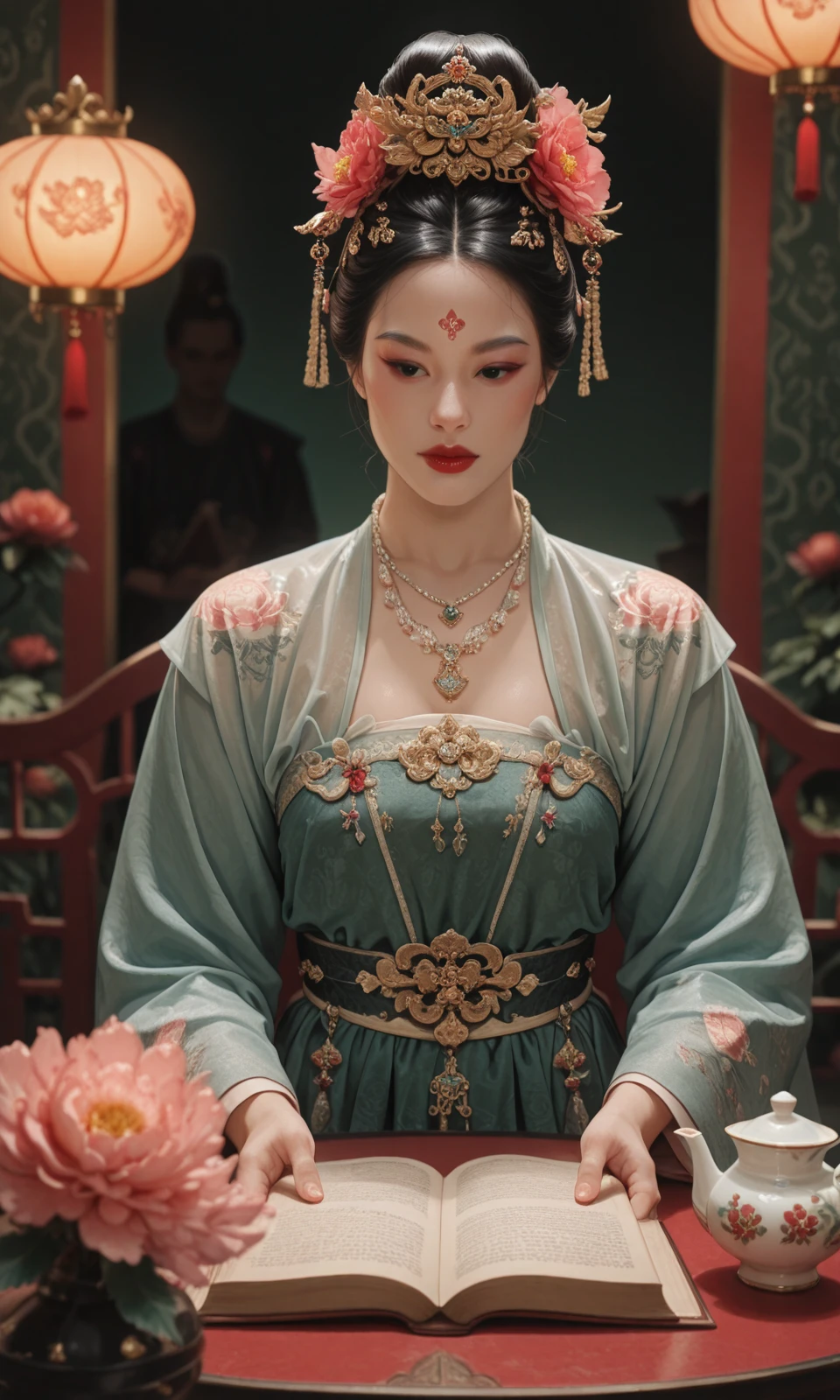 Top photography works, masterpiece, best quality, newest, absurdres, highres,
(1boy/GSFH, lyz, princess, jewelry, hair ornament, flower, realistic, necklace, black eyes, forehead mark, depth of field, red lips, lips, chinese clothes, facial mark, hanfu, full chest),
sitting, garden, holding a book, reading, table, tea set,
masterpiece, best quality, amazing quality, very aesthetic, absurdres, newest, haute couture,
minimalistic composition, (dark green background details/Peony pattern, Peony),
light from one side, dark shadow, depth of field, dynamic lighting,
