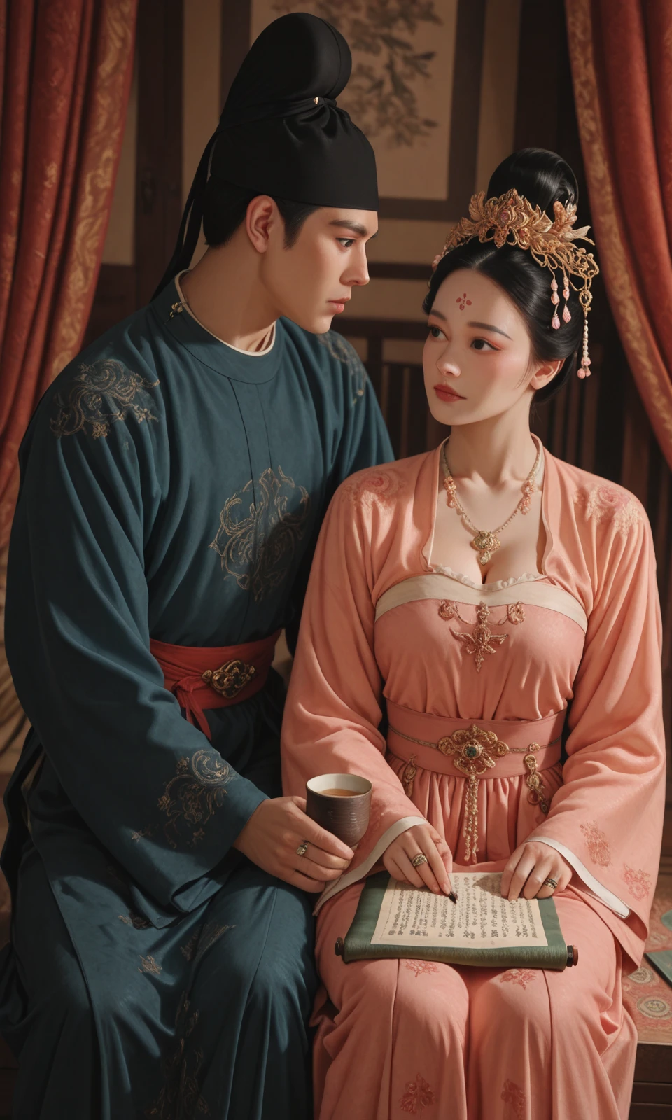 (1girl/gsfh, lyz, princess, hanfu, jewelry, necklace, black hair, hair ornament, chinese clothes, realistic, black eyes, forehead mark, facial mark, updo, cleavage, holding a pice of paper, single hair bun, scroll, paper),
(1boy/gsfh, lc, hanfu, round-collar robe, hat, black hair, ring, holding a cup, sitting),
jcy and hwf, jcy at left, hwf at right, talk, (maintained eye contact), indoors, curtains, Tyndall effect, mist, flowers,
masterpiece, best quality, amazing quality, very aesthetic, absurdres, newest, haute couture,
light from one side, dark shadow,