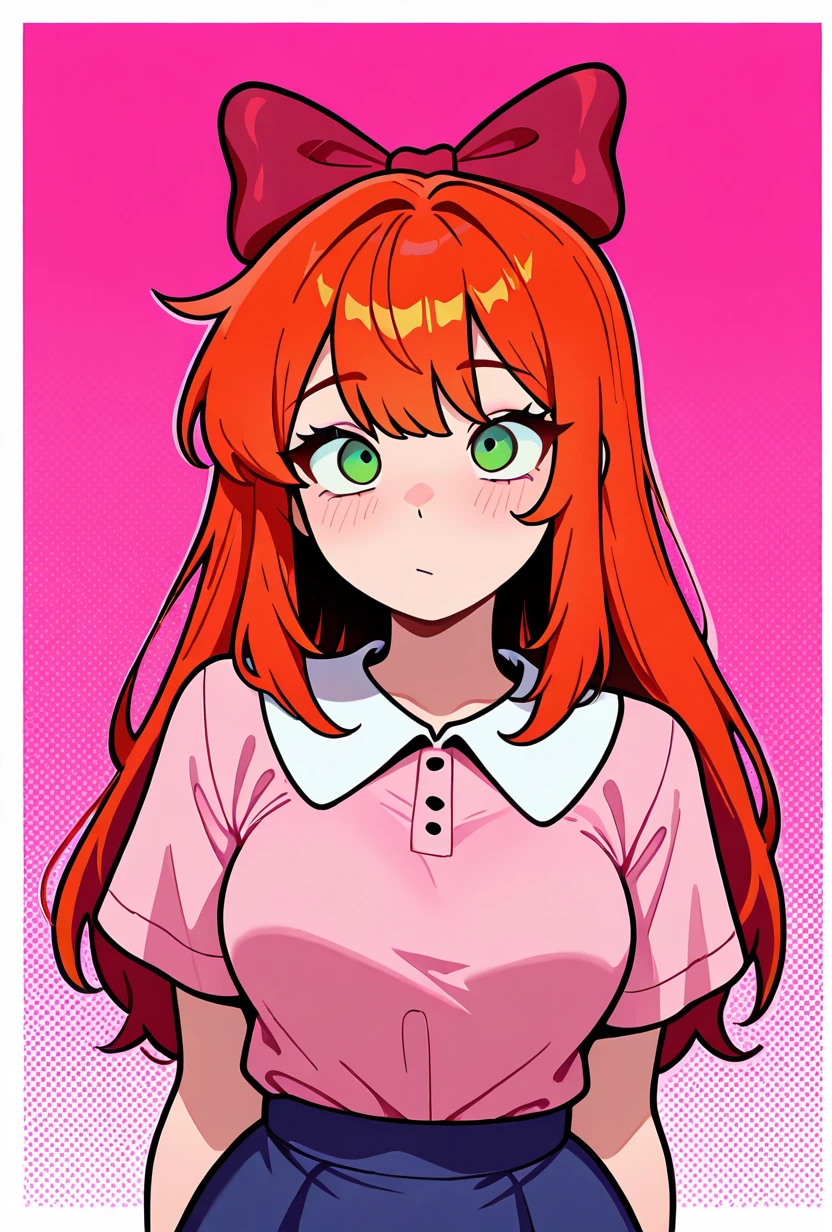 <lora:elizabafton-10:1> elizabafton, 1girl, red hair bow, long orange hair, green eyes, short sleeves, pink shirt, blue skirt, white shirt collar, pink background, medium breasts,, masterpiece, best quality, amazing quality, very aesthetic, absurdres, newest,, upper body, halftone effect, white borders, abstract background:1.2,