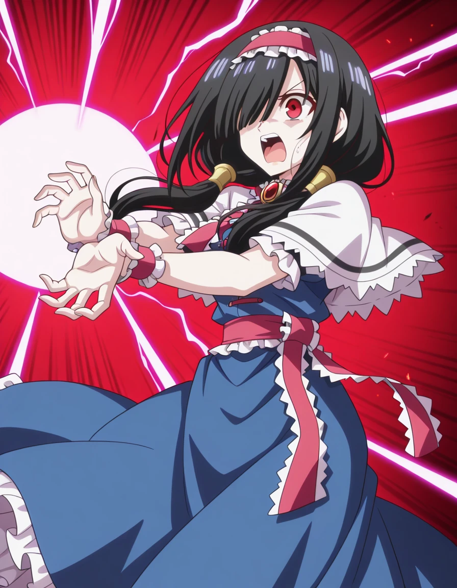 masterpiece, best quality, amazing quality,, <lora:kurumi-tokisaki-s2-illustriousxl-lora-nochekaiser:1>, kurumi tokisaki, black hair, red eyes, long hair, hair over one eye, twintails, low twintails, mature female, medium breasts, anime screencap, <lora:alice-margatroid-cosplay-illustriousxl-lora-nochekaiser:1>, alice margatroid cosplay, alice margatroid (cosplay), blue dress, bow, bowtie, red bowtie, brooch, capelet, dress, jewelry, red sash, sash, white capelet, wrist cuffs, frilled skirt, frills, frilled capelet, frilled sash, frilled ribbon,, <lora:kamehameha-illustriousxl-lora-nochekaiser:1>, kamehameha, kamehameha (dragon ball), open mouth, incoming attack, torn clothes, shouting, energy, energy beam, energy ball, from side, electricity,, embarrassed, open mouth, , ,