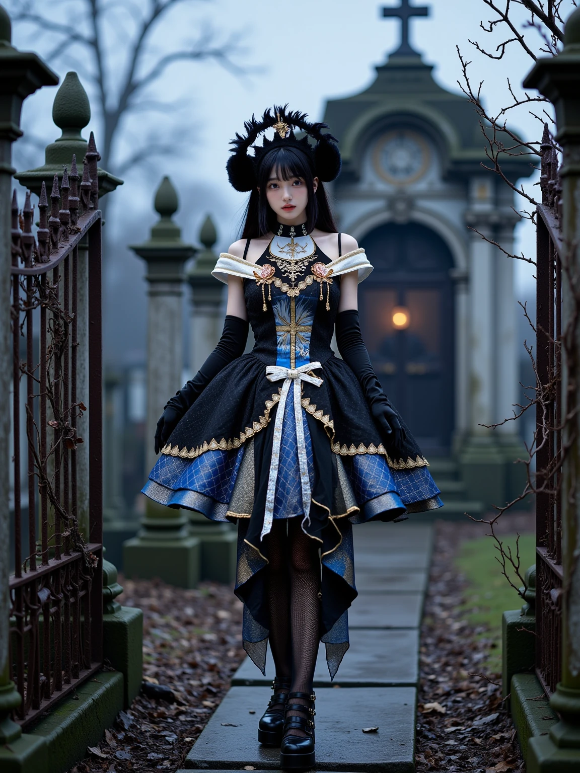 A realistic photo of a beautiful young woman in cyb dress. She is also wearing elbow gloves and black pantyhose and high heeled platform footwear. She has long black straight hair with feather crown. The background is A misty graveyard at midnight, where weathered tombstones lean at crooked angles under the pale moonlight. Withered roses and thorny vines crawl over rusted iron fences, and flickering candlelight glows from inside a crumbling mausoleum. The photo is a full body shot with her entire body visible and with detailed background.