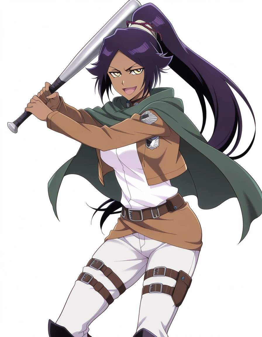 masterpiece, best quality, amazing quality,, <lora:yoruichi-shihouin-tybw-illustriousxl-lora-nochekaiser:1>, yoruichi shihouin, long hair, black hair, ponytail, dark skin, dark-skinned female, high ponytail, yellow eyes, mature female, breasts, anime screencap, <lora:paradis-military-uniform-illustriousxl-lora-nochekaiser:1>, paradis military uniform, belt, cloack, cropped jacket, emblem, green cloak, jacket, long sleeves, pants, shirt, thigh strap, uniform, white pants, white shirt, brown jacket,, <lora:batting-stance-illustriousxl-lora-nochekaiser:1>, batting stance, looking at viewer, smile, open mouth, baseball bat, holding baseball bat, :d, , <lora:transparent-background-illustriousxl-lora-nochekaiser:1>, transparent background, simple background, white background, ,