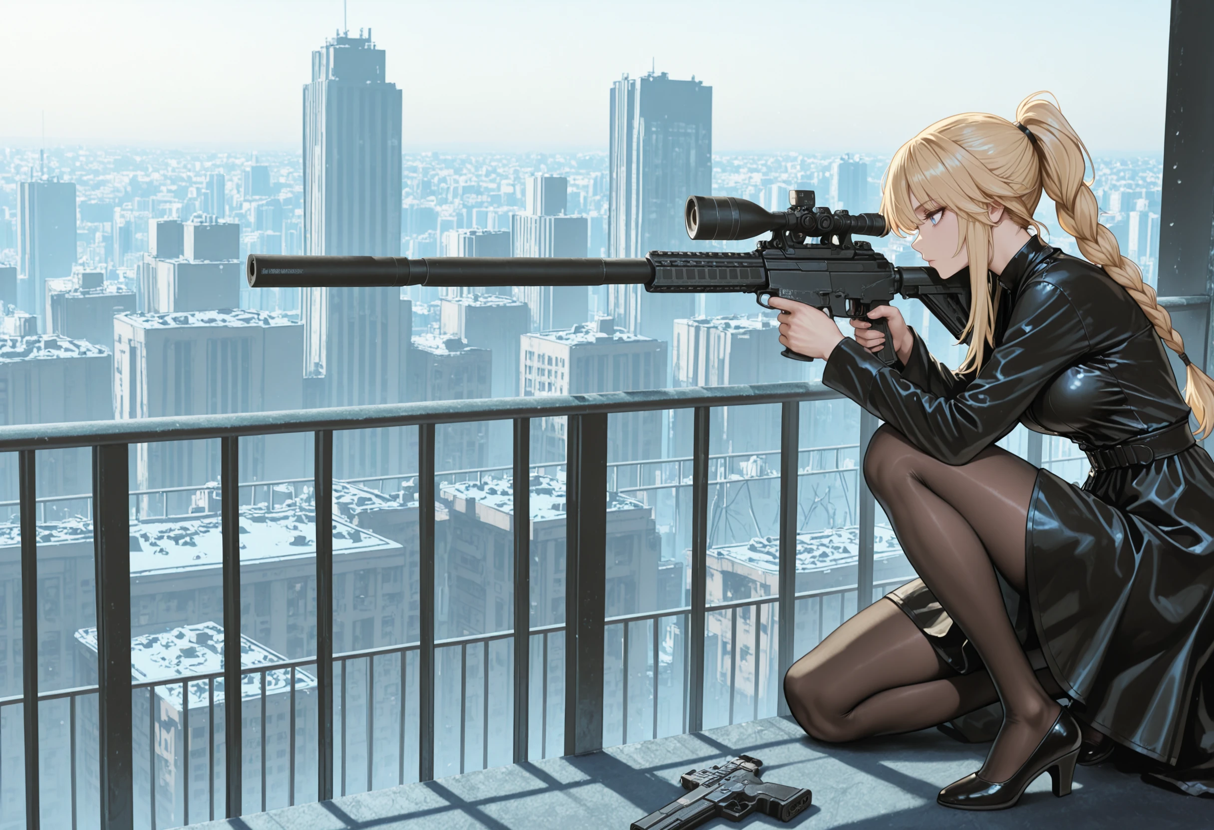 masterpiece,best quality,amazing quality,right-side, blonde hair, blue eyes, braided hair, high ponytail,long hair, on one knee on roof, holding sniper rifle, (aiming:1.1), from side, full body, magazine \(weapon\), cityscape, suppressor,dress, pantyhose,anti-materiel rifle, railing, black outfit, sun
<lora:Right side (Illustrious) v1:1>