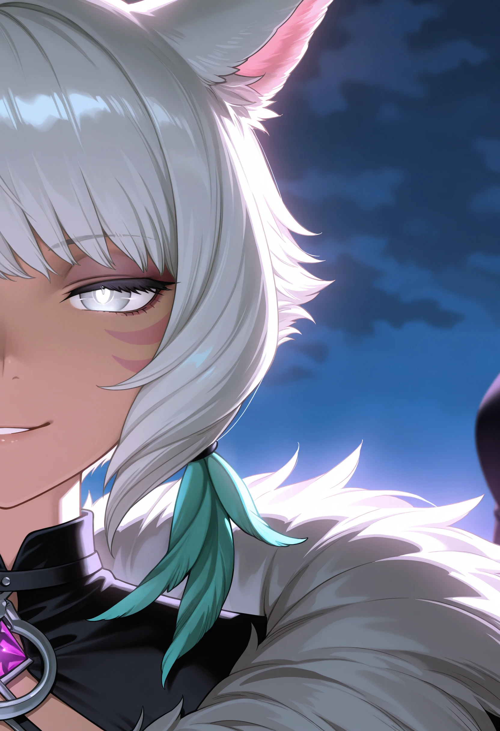 masterpiece,best quality,amazing quality,left-side,wide shot, y'shtola rhul, close up, smirk, (out of frame:1.1), split_crop, night, glowing eyes,straight-on,parted lips, grey eyes,white pupils, dress, fur trim, 
<lora:Left side (Illustrious) v1:1.2>
