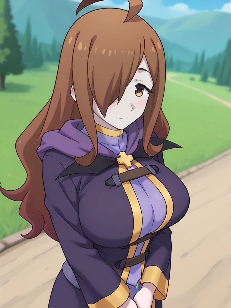 32k, Super-Resolution, professional, masterpiece, best quality, absurdres, award winning, Digital Art, very aesthetic, absolutely eye-catching, Cinematic Lighting, 16-bit RGB, character focus, perfect anatomy,body blush, perfect hands, ultra detailed, soft skin, Ray Tracing Global Illumination, Depth of Field, Cinematic, Ray Tracing Reflections, Concept Art, breathtaking, White Balance, F/2.8, Perspective, detailed gorgeous body, detailed gorgeous background, Anti-Aliasing, <lora:StS-Illustrious-Detail-Slider-v1.0:3>,extreme details, RTX, <lora:dynamic-pose-illustriousxl-lora-nochekaiser:1>, (dynamic pose), <lora:NSFW slider PXL_last:3>, cowboy shot, <lora:wiz:1>, wiz,wiz \(konosuba\), long hair, light brown hair, hair over one eye, bangs,ahoge, brown eyes, anime screenshot, large breasts,wizDress, bat wings, cross, purple long dress, long sleeves,, hood, hood down, jewelry, latin cross, purple robe,outdoors,