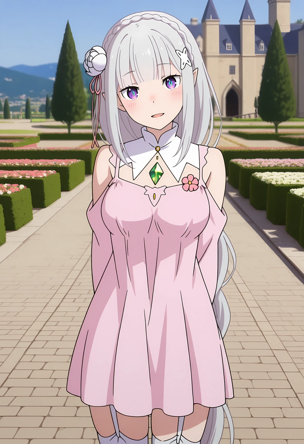 anime screencap, masterpiece, best quality,
<lora:ReZero_Emilia_IlluXL:0.9>,
1girl, solo, open mouth, light smile, blush, head tilt,
braided ponytail, crown braid, blunt bangs, long hair, grey hair, purple eyes, slit pupils, blue pupils, pointy ears, x hair ornament, hair flower, white rose, pink ribbon,
white collar, green gemstone, bare shoulders, medium breasts, short dress, pink dress, shoulder cutout, dress flower, long sleeves,
garter straps, white thighhighs,
arms behind back, standing, looking at viewer,
outdoors, blue sky, garden, plant, pavement, medieval, photo background, blurry background