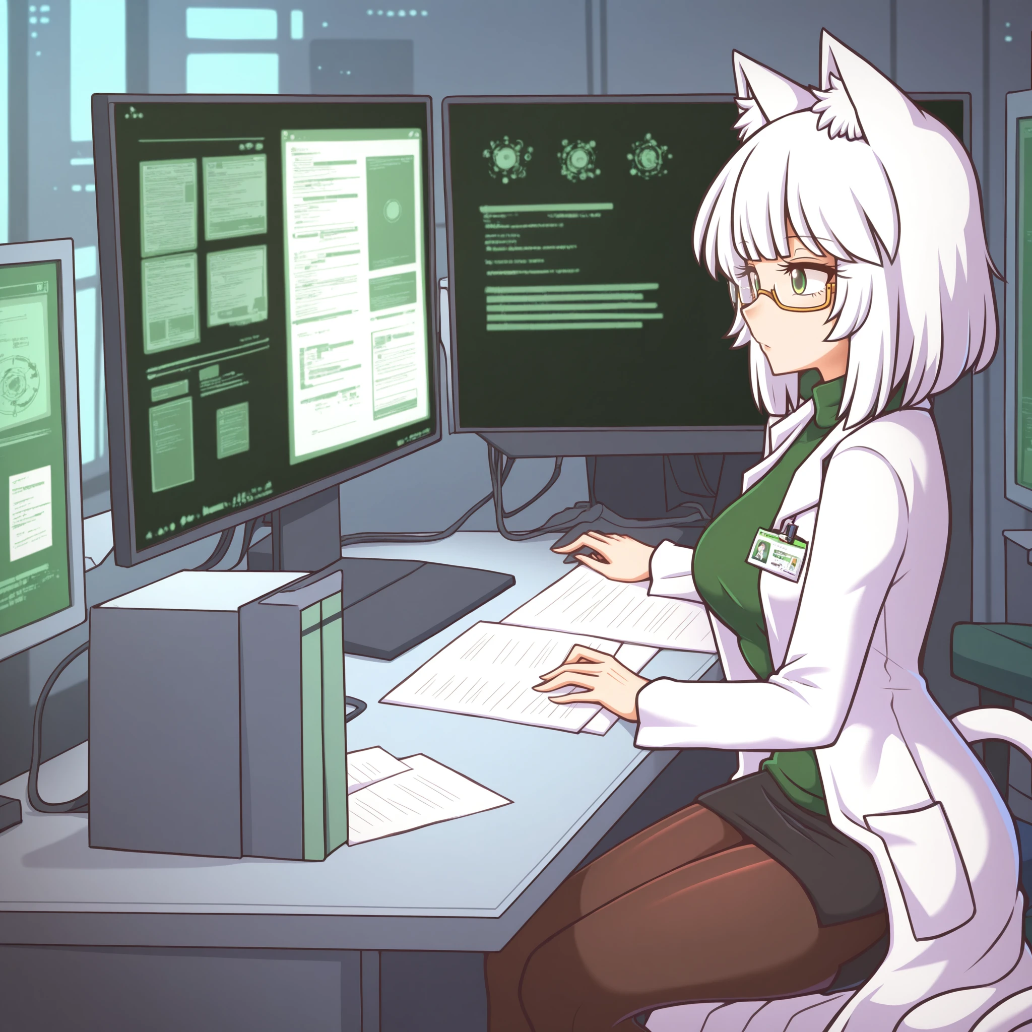 masterpiece,best quality,amazing quality,right-side,wide shot, solo, 1girl, cat girl, bowl cut,medium hair, white hair,short hair, tail,medium breasts, green eyes, mature female, sidelocks, lab coat, id card, skirt, pantyhose, green turtleneck sweater, semi-rimless eyewear glasses, sitting, papers, laboratory, across table, wool \(miwol\), from side, looking at screen
 <lora:Right side (Illustrious) v1:1>