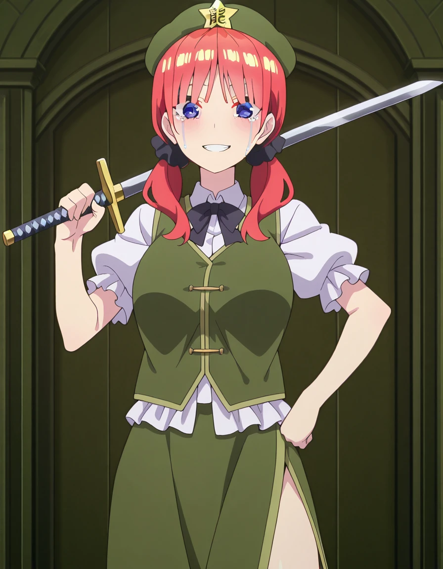 masterpiece, best quality, amazing quality,, <lora:nino-nakano-honeymoon-illustriousxl-lora-nochekaiser:1>, nino nakano, bangs, blue eyes, hair ornament, twintails, pink hair, blunt bangs, medium hair, scrunchie, eyebrows hidden by hair, black scrunchie, mature female, breasts, anime screencap, <lora:hong-meiling-cosplay-illustriousxl-lora-nochekaiser:1>, hong meiling cosplay, hong meiling (cosplay), beret, black bow, black bowtie, black ribbon, bow, bowtie, collared shirt, frilled sleeves, frills, green hat, green skirt, green vest, hat, hat ornament, long skirt, neck ribbon, puffy short sleeves, puffy sleeves, short sleeves, side slit, skirt, star hat ornament, vest, white shirt,, <lora:sword-over-shoulder-illustriousxl-lora-nochekaiser:1>, sword over shoulder, weapon over shoulder, holding, holding sword, holding weapon, sword, hand on own hip, grin, looking at viewer,, crying_with_eyes_open, , , ,