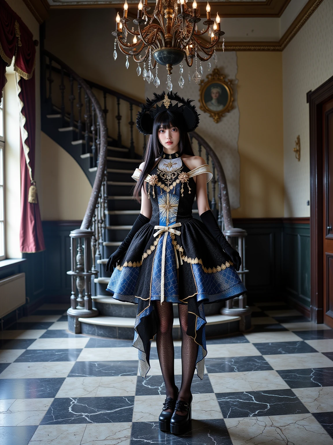 A realistic photo of a beautiful young woman in cyb dress. She is also wearing elbow gloves and black pantyhose and high heeled platform footwear. She has long black straight hair with feather crown. The background is An abandoned Victorian mansion, its grand staircase covered in dust and peeling wallpaper. A grand chandelier, half-shattered, dangles precariously above a ballroom with a cracked black-and-white checkerboard floor. The scent of old books and damp wood lingers in the air. The photo is a full body shot with her entire body visible and with detailed background.