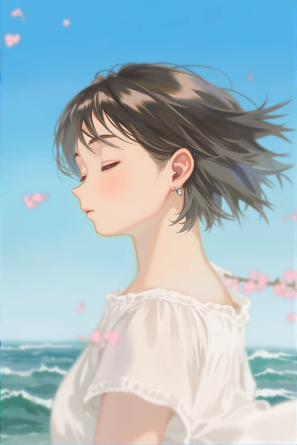 <lora:lora-flux-style_28-step00010640:1>, a serene scene of a woman with dark hair possibly in her twenties or thirties. she is captured in a side profile with her eyes closed and a gentle expression on her face. the woman is wearing a light-colored possibly white dress or blouse. the background showcases a clear blue sky and there are small pink flowers possibly cherry blossoms floating around her. the setting appears to be near a body of water possibly a sea or ocean with waves gently crashing in the distance.,1girl,solo,dress,jewelry,earrings,closed eyes,wind,white dress,day,outdoors,blurry,stud earrings,profile,short sleeves,sky,short hair,blue sky,blurry background,petals,upper body,from side,black hair,parted lips,realistic,floating hair,ocean,depth of field,nose,eyelashes,brown hair,lips,flower