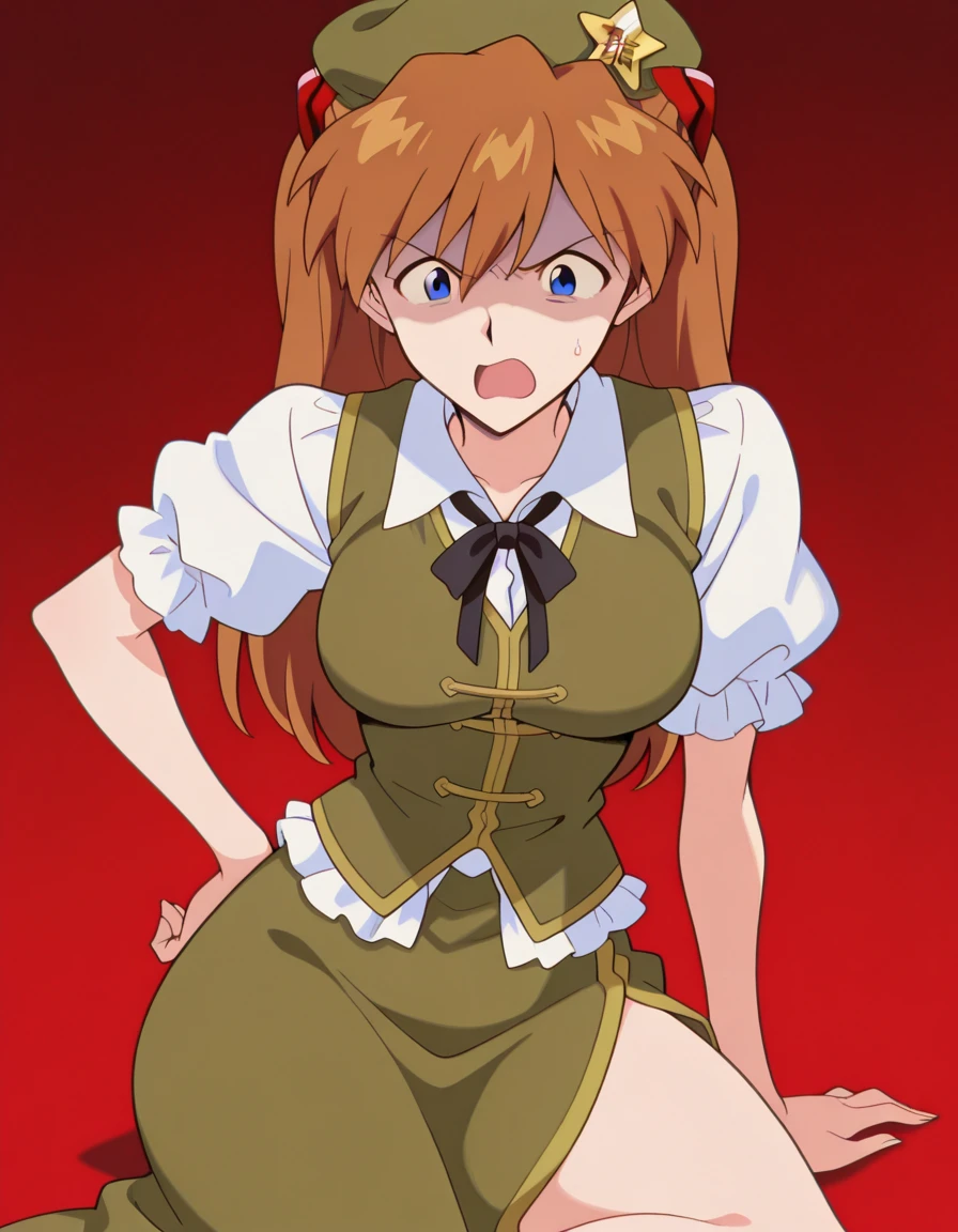masterpiece, best quality, amazing quality,, <lora:asuka-langley-soryuu-classic-illustriousxl-lora-nochekaiser:1>, asuka langley soryu, long hair, bangs, blue eyes, brown hair, hair ornament, breasts, anime screencap, <lora:hong-meiling-cosplay-illustriousxl-lora-nochekaiser:1>, hong meiling cosplay, hong meiling (cosplay), beret, black bow, black bowtie, black ribbon, bow, bowtie, collared shirt, frilled sleeves, frills, green hat, green skirt, green vest, hat, hat ornament, long skirt, neck ribbon, puffy short sleeves, puffy sleeves, short sleeves, side slit, skirt, star hat ornament, vest, white shirt,, <lora:princess-leia-pose-illustriousxl-lora-nochekaiser:1>, princess leia pose, sitting, hand on own hip, lying, arm support, disgust, open mouth, , ,