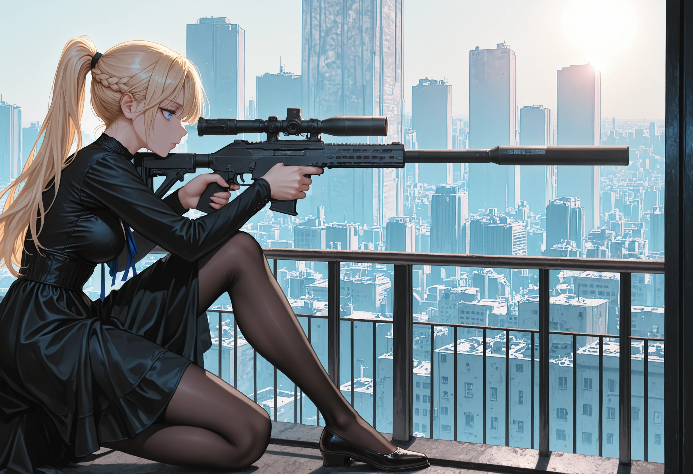 masterpiece,best quality,amazing quality,left-side, blonde hair, blue eyes, braided hair, high ponytail,long hair, on one knee on roof, holding sniper rifle, (aiming:1.1), from side, full body, magazine \(weapon\), cityscape, suppressor,dress, pantyhose,anti-materiel rifle, railing, black outfit, sun
<lora:Left side (Illustrious) v1:1>
