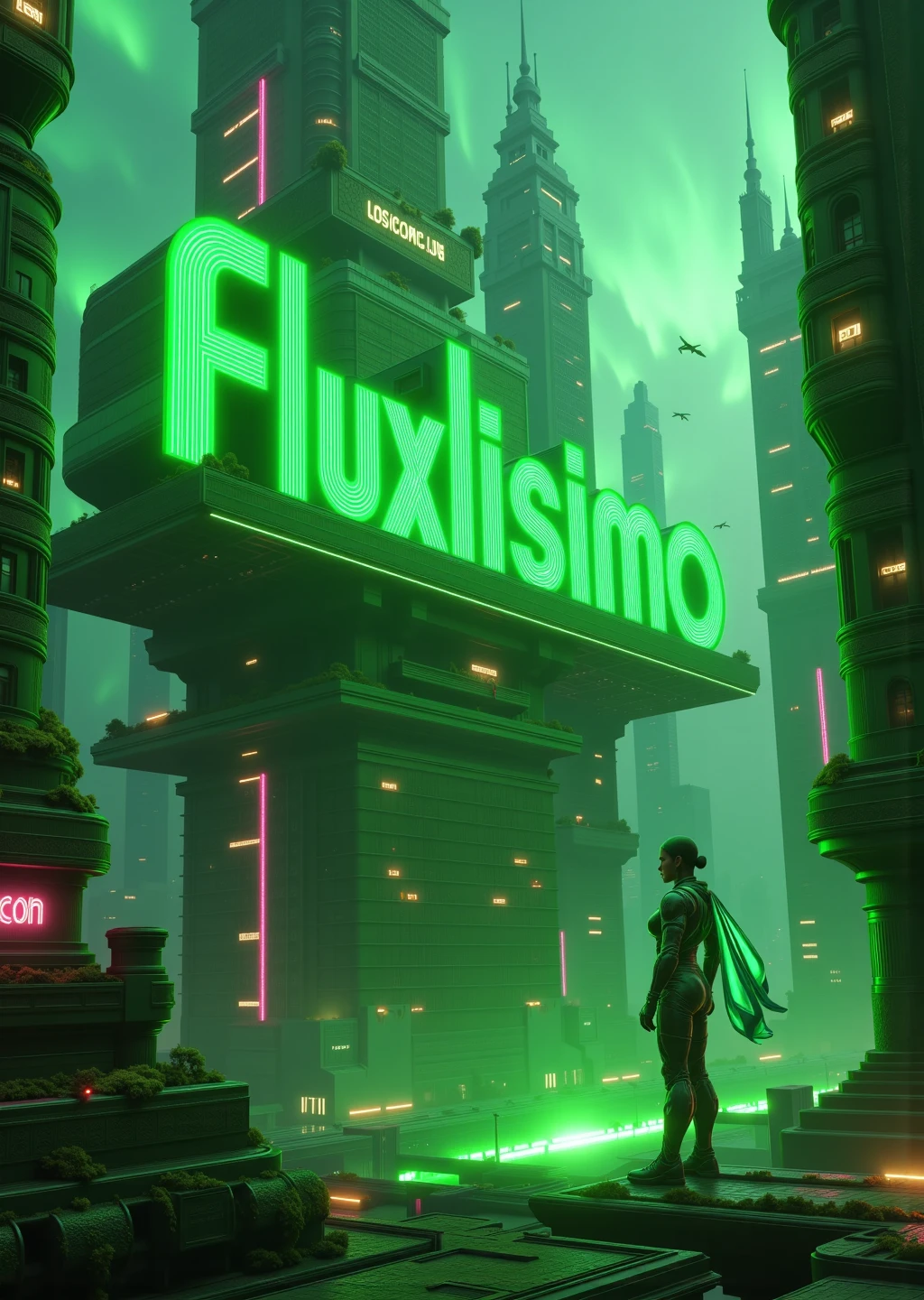 In a cyberpunk megacity, text "Fluxlisimo" on tower as photo-realistic 3D letter-skyscrapers in a 9:16 aspect ratio, crafted from graphene with pulsing forest green (#008000) neon, accented by magenta and plasma-white, their facades alive with holo-graffiti. "LoRA" flickers subtly on a nearby holo-platform, its green-tinted (#008000) letters a delicate echo. Letter-buildings rise from floating platforms, linked by sky-bridges and maglevs. A cyborg woman in the foreground, with green-lit (#008000) biomechanical armor, reflects "Fluxlisimo" in her augmented eyes, her translucent cape flowing. Grav-ships trail verdant ions through letter-canyons. Shot from a high-angle drone with a hyper-realistic lens, the scene captures micro-details: cyborg armor etchings, smart-glass sheen, and bioluminescent algae. Rim lighting from solar arrays sculpts "Fluxlisimo," with a green (#008000) spotlight from sky-beacons softly highlighting "LoRA." Chromatic flares and bokeh frame the cyborg and "Fluxlisimo" against drone swarms and aurora skies. A cyberpunk Vogue masterpiece where "Fluxlisimo" rules and "LoRA" whispers in green (#008000).