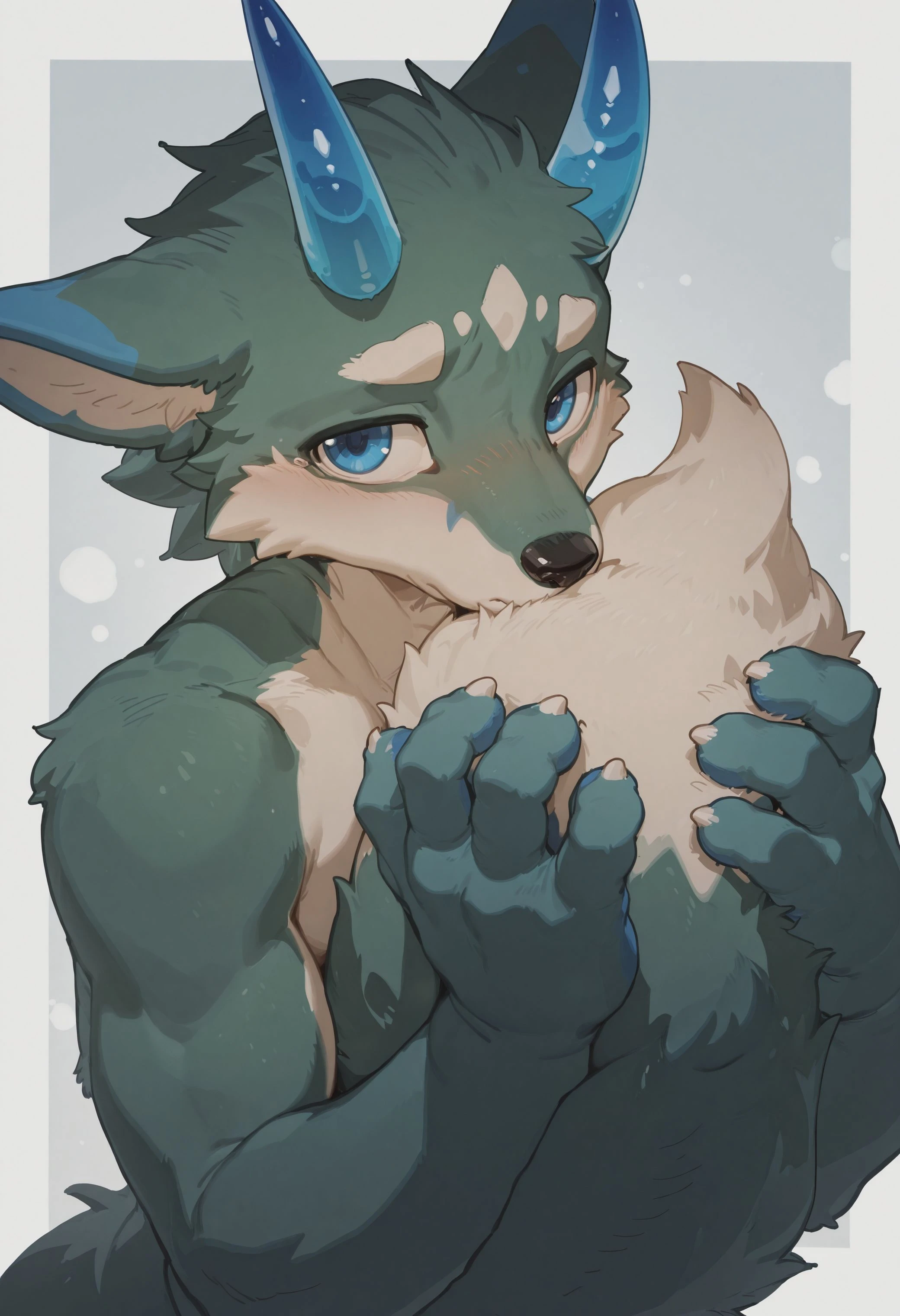 best quality, amazing quality, very aesthetic, absurdres, newest, by juo1, furry, furry male, male focus, bara, fox, green body, sapphire horns, blue eyes, two-tone body, short hair, upper body, looking at viewer, shy, holding own tail, no humans, <lora:Juo1_style_Illustrious:1>
