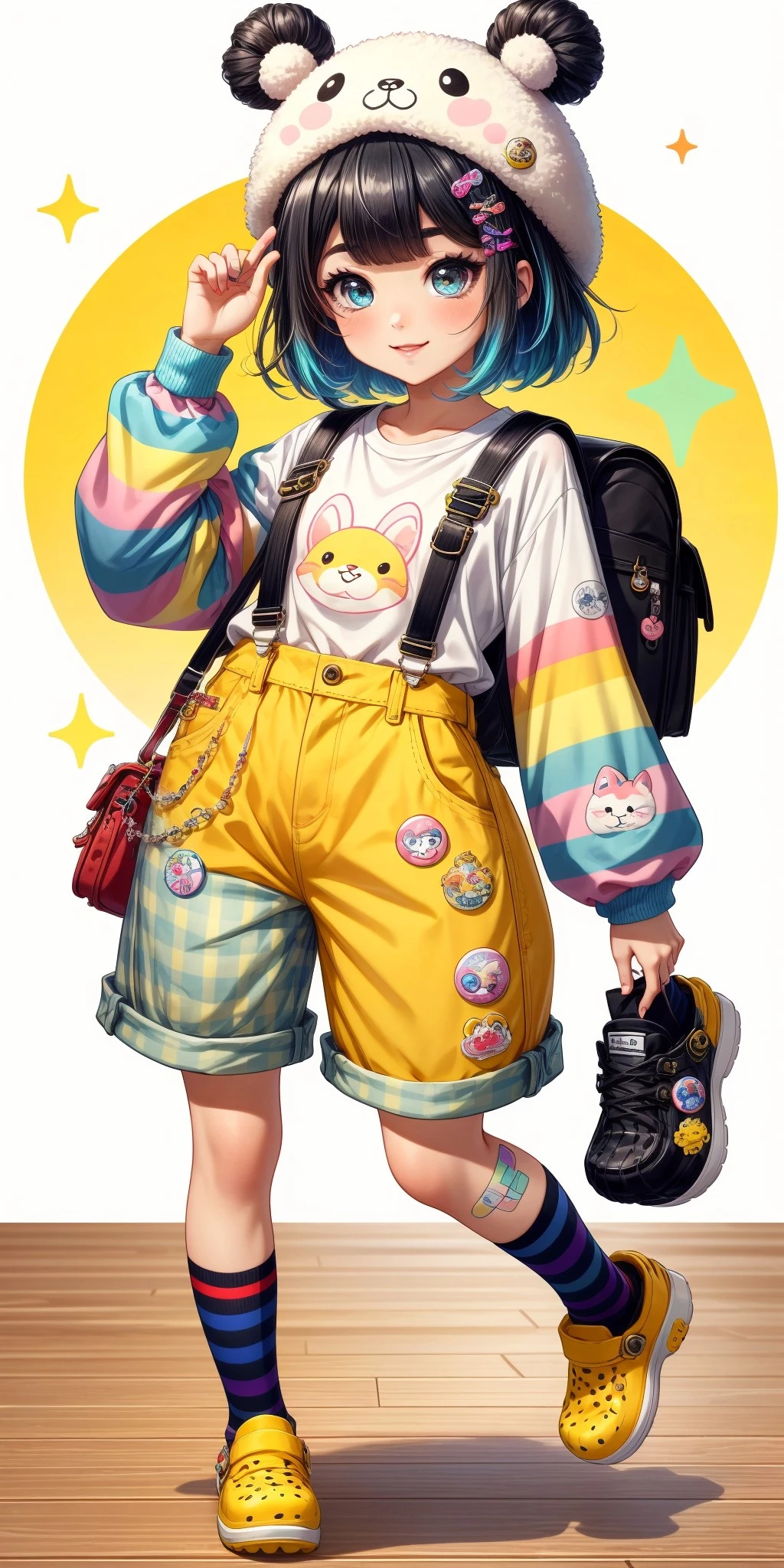 (front facing, facing viewer) 1girl, big sparkling eyes, blush, full face blushing, smile, blunt bangs, black hair, thick eyebrows, shinora, tomboyish, bandaid, (multicolored clothes), cartoon print shirt, plaid shorts, overalls, suspenders, buttons, badges, pompons, hair ornaments, animal hat, colorful hairclips, charms, gaudy toy jewelry, chunky plastic rings, red randoseru, yellow striped socks, crocs, stickers, <lora:more_details:0.7>, <lora:scene_:0.5>, <lora:FashionComplexityEnhancerLORAv1:0.4>, <lora:b2155d52-58b6-4570-9d82-a37f851fc211:0.5>, <lora:96073874-f082-4683-942e-601cecac5c40:0.3>, <lora:f7d08feb-f21d-42d0-9ef1-a9481867524d:0.3>, <lora:5844635f-c9c3-4f9e-85c4-d0d40f201159:0.3>, <lora:betterLight_v10:0.3>, ,