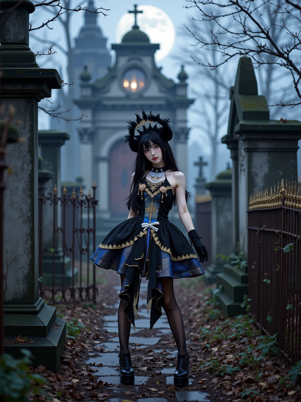 A realistic photo of a beautiful young woman in cyb dress. She is also wearing elbow gloves and black pantyhose and high heeled platform footwear. She has long black straight hair with feather crown. The background is A misty graveyard at midnight, where weathered tombstones lean at crooked angles under the pale moonlight. Withered roses and thorny vines crawl over rusted iron fences, and flickering candlelight glows from inside a crumbling mausoleum. The photo is a full body shot with her entire body visible and with detailed background.