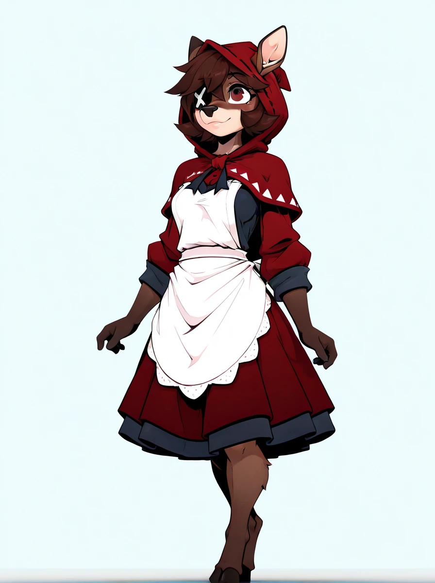 digital media \(artwork\), (masterpiece, high quality, best quality, 8k uhd, absurd res, very aesthetic, newest),by ruaidri, 3d, solo,  <lora:AppleSuizilla-Illustrious:1> anthro, deer, female, eyepatch, brown hair, short hair, brown body, red clothes, hood, white apron, hooves
