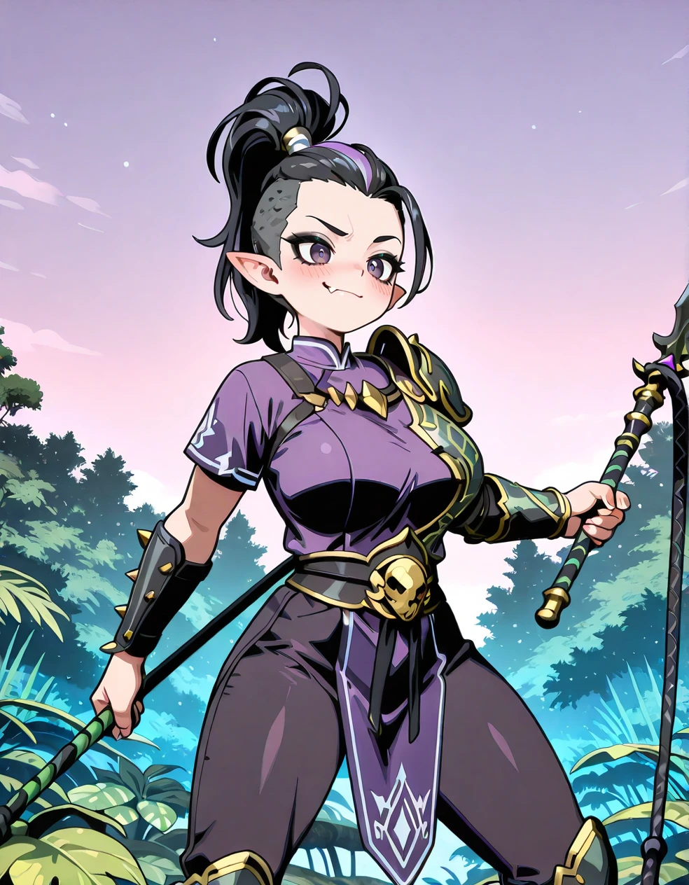 (2D, highres, hi res, anime coloring, anime screencap, flat colors, clean lineart, ultra-detailed, curvy, large_breasts, 1 girl,pale purple sky,jungle,tropical rain forest), TRexStyle, High Beastmaster, purple eyes,black hair, sharp eyelashes, (pointy_ears:1.2),single shoulder green scale armor,topknot,shaved sides, mohawk style, tied-up hair, high ponytail, undercut,fierce expression, round face,soft features,big round eyes,out fang,smirk,blush,purple tunic,serpentine arm guard,ornate right arm armor, clean sides, no loose hair, no stray hair, tightly tied hair,colorful details, high contrast, vivid colors,cute expression, soft cheeks,younger, youthful appearance,pants,black eyeshadow,bold eyeliner,smokey eye makeup,dark smokey eyes,boots,holding polearm,right hand holding a polearm, left hand holding a whip, dynamic battle-ready pose, legs apart in a stable stance,slightly twisted for action, <lora:High_Beastmaster-000005:1>, <lora:ATRex_style:0.7>, <lora:Ghelber:0.4>, <lora:Body Type Slider - Illustrious_alpha1.0_rank4_noxattn_last:-1>