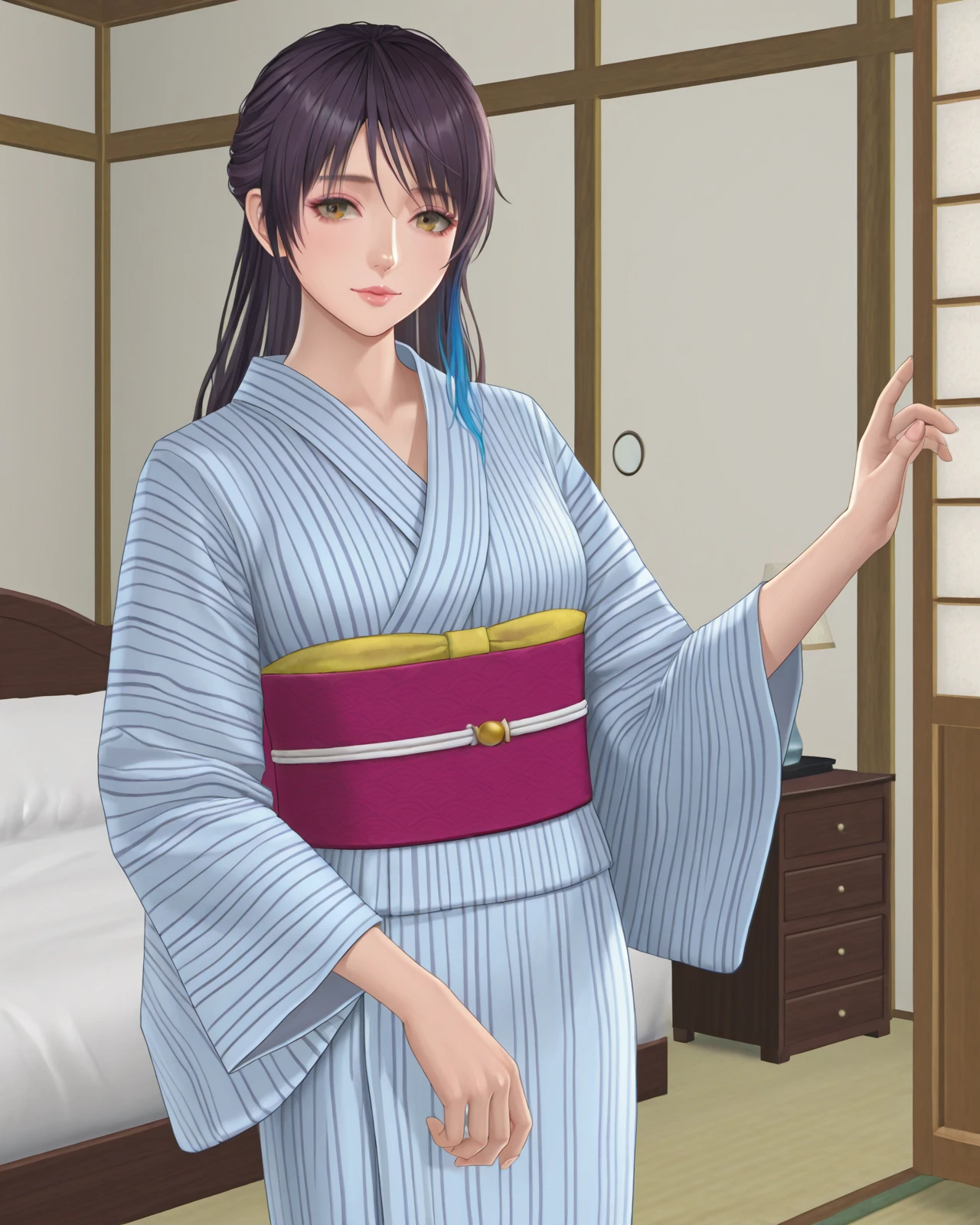 shandy \(doax vv\),lips,cowboy shot,kimono,bedroom,
