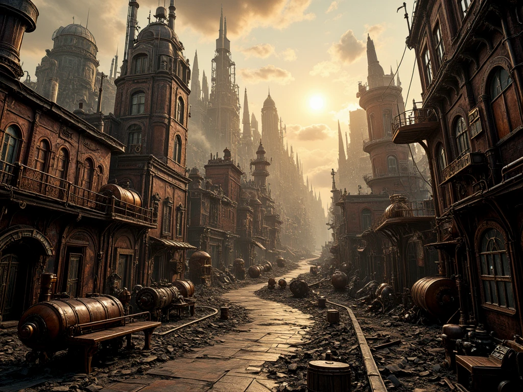A dystopian steampunk city. Broken windows. Littered paths. Buildings rising towards the sun.
stmpnkCE_style