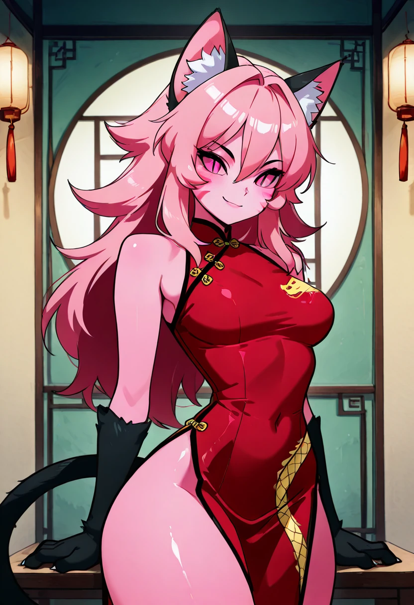 masterpiece, best quality, solo, curvy, beautiful eyes, narrow waist, wide hips, zzPinkit, pink eyes, long hair, pink hair, pink skin, colored skin, animal hands, hair between eyes, cat ears, animal ear fluff, cat girl, slit pupils, animal ears, whisker markings, black gloves, china dress, bare shoulders, tail, sleeveless, , <lora:PinkitCitronOC_IXL_v1:1.0>, , smile, looking at viewer, cowboy shot, <lora:DiivesIXL:0.8>,