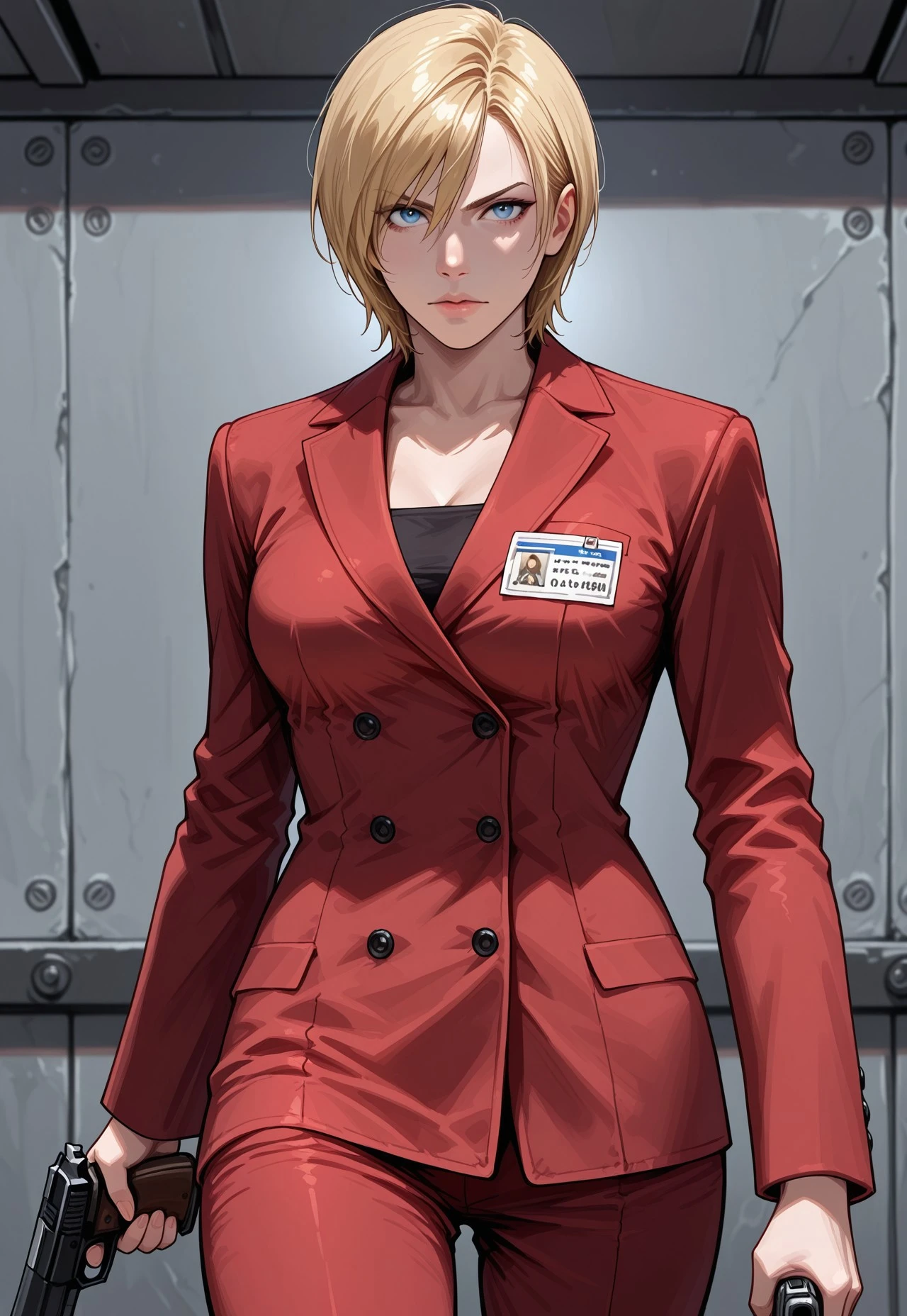 masterpiece, best quality, detailed, realistic, cowboy shot, serious, 1girl, solo, Alysreo, blonde hair, short hair, blue eyes, Red suit jacket, red pants, name tag, holding weapon, handgun,