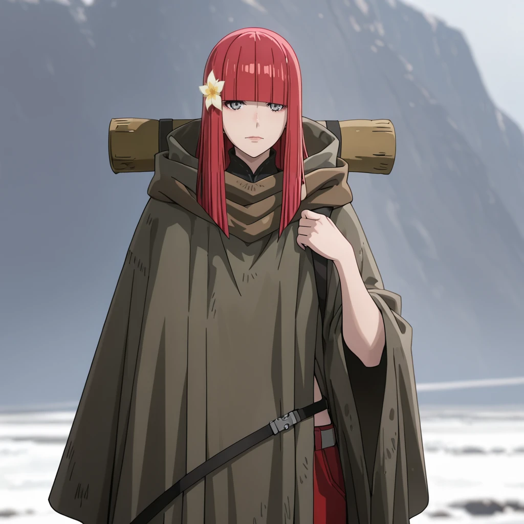 <lora:DevolaPopolaNierAnime_illustrious_v1:1>PopolaCloak, 1girl, hair ornament, hair flower, red hair, blunt bangs, long hair, cloak, grey eyes, cowboy shot