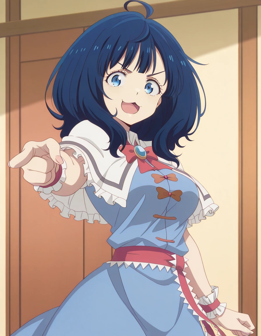masterpiece, best quality, amazing quality,, <lora:anna-yanami-s1-illustriousxl-lora-nochekaiser:1>, anna yanami, yanami anna, medium hair, blue eyes, ahoge, blue hair, mature female, breasts, anime screencap, <lora:alice-margatroid-cosplay-illustriousxl-lora-nochekaiser:1>, alice margatroid cosplay, alice margatroid (cosplay), blue dress, bow, bowtie, red bowtie, brooch, capelet, dress, jewelry, red sash, sash, white capelet, wrist cuffs, frilled skirt, frills, frilled capelet, frilled sash, frilled ribbon,, <lora:jotaro-kujo-pose-illustriousxl-lora-nochekaiser:1>, jotaro kujo pose, kujo jotaro's pose (jojo), jojo pose, pointing, pointing at viewer, cowboy shot, :3, open mouth, , ,