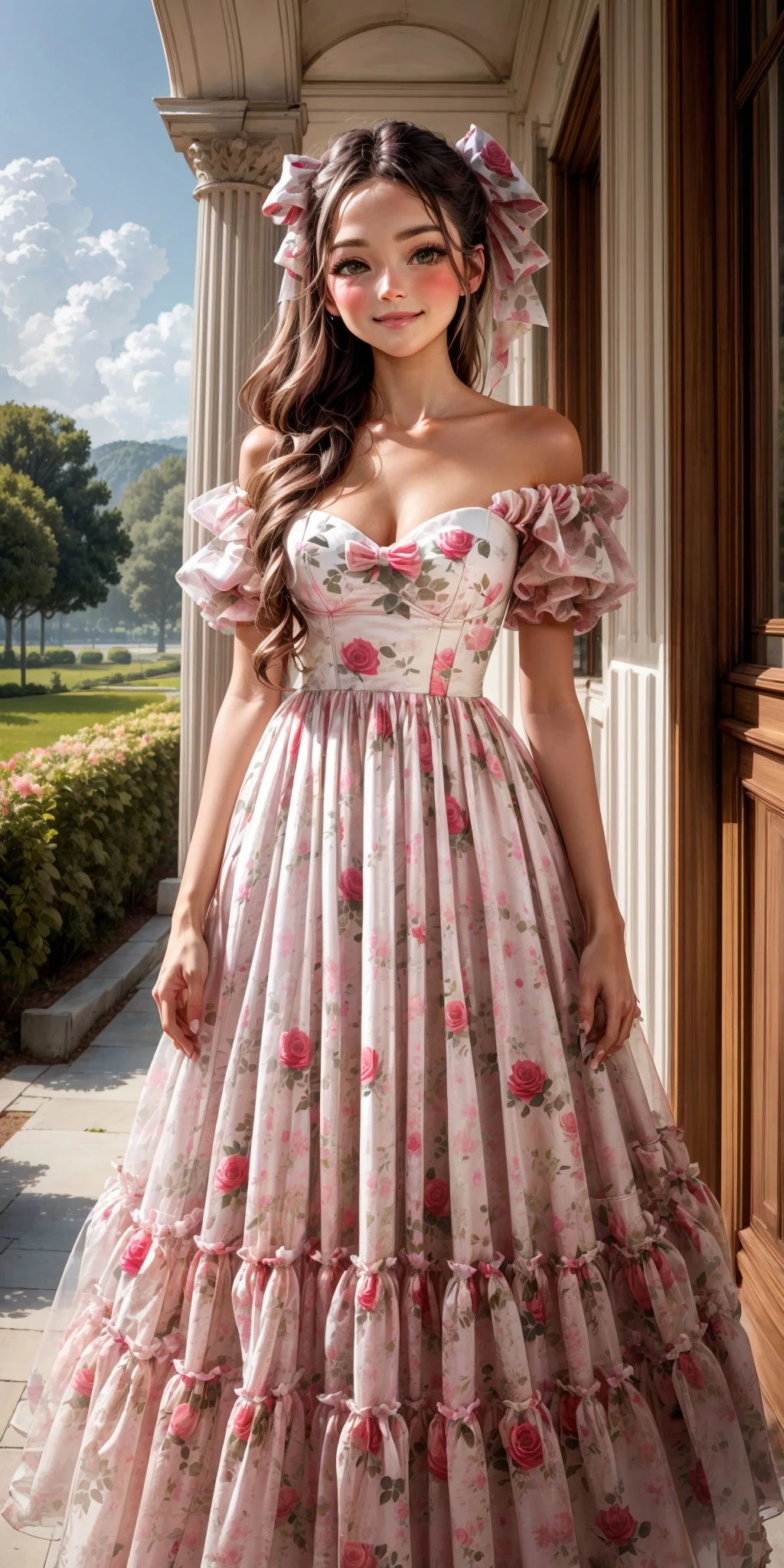 (front facing, facing viewer) 1girl, big sparkling eyes, blush, full face blushing, smile, romanticreverie, warm white dusty pink and green sheer rose print gown, floral print, rose print, dusty pink (rose print on sheer gown), sweetheart neckline, rose print (sheer puffy short sleeves), warm white and dusty pink long attached rose print gown_skirt, bows, white bows, sheer bows, rose print bows, ((detailed background, detailed scenery)), rose garden, white ephemeral butterflies, , <lora:more_details:0.7>, <lora:scene_:0.5>, <lora:FashionComplexityEnhancerLORAv1:0.4>, <lora:c0065bc4-3a5f-4d80-880c-af99664830f8:0.6>, <lora:96073874-f082-4683-942e-601cecac5c40:0.3>, <lora:f7d08feb-f21d-42d0-9ef1-a9481867524d:0.3>, <lora:5844635f-c9c3-4f9e-85c4-d0d40f201159:0.3>, <lora:betterLight_v10:0.3>, ,
