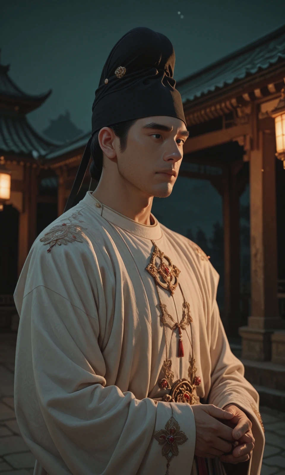 Top photography works, masterpiece, best quality, newest, absurdres, highres,
(1boy/GSFH, lc, solo, white Round-collar robe, male focus, realistic, upper body, black hair, black eyes, black headwear, photo background, outdoors, white hanfu),
looking at the sky, Behind both hands, side view,
Chinese style courtyard,
masterpiece, best quality, amazing quality, very aesthetic, absurdres, newest, haute couture,
minimalistic composition, (dark green background details),
light from one side, dark shadow, depth of field, dynamic lighting,