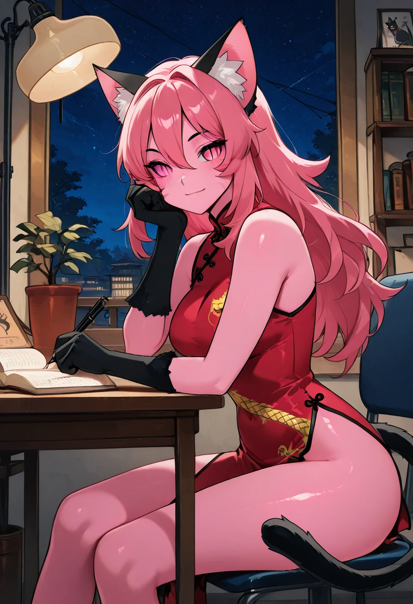masterpiece, best quality, solo, curvy, beautiful eyes, narrow waist, wide hips, zzPinkit, pink eyes, long hair, pink hair, pink skin, colored skin, animal hands, hair between eyes, cat ears, animal ear fluff, cat girl, slit pupils, animal ears, whisker markings, black gloves, china dress, bare shoulders, tail, sleeveless, , <lora:PinkitCitronOC_IXL_v1:1.0>, , zzLofi, sitting, side view, desk, chair, book, bookshelf, head rest, holding, holding pen, lamp, night, open book, pen, plant, potted plant, sky, star (sky), starry sky, window, windowsill, writing, <lora:LofiGirl_Style_IXL:0.8>,