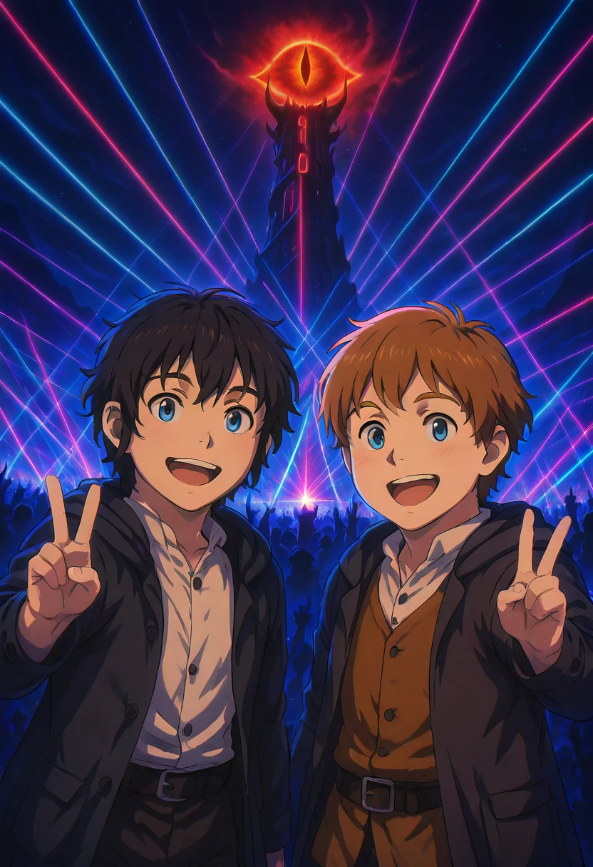 masterpiece, best quality, L0rd0fTh3R4v3s, fr0d0s4m, looking at viewer, smile, short hair, open mouth, bangs, blue eyes, brown hair, shirt, black hair, long sleeves, jacket, white shirt, :d, male focus, multiple boys, open clothes, teeth, collared shirt, belt, pants, hood, 2boys, vest, coat, black jacket, dress shirt, v, night, black pants, buckle, black belt, open coat, black coat, belt buckle ,<lora:SauronsRaveTower_IXL_v1:1.0>,