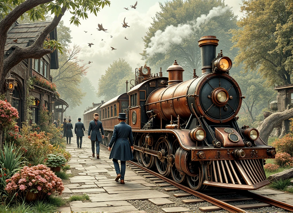 (Strolling through an enchanted garden) (Amidst talking flowers and sentient plants) A coloured pencil drawing.
An old-fashioned train.
stmpnkCE_style