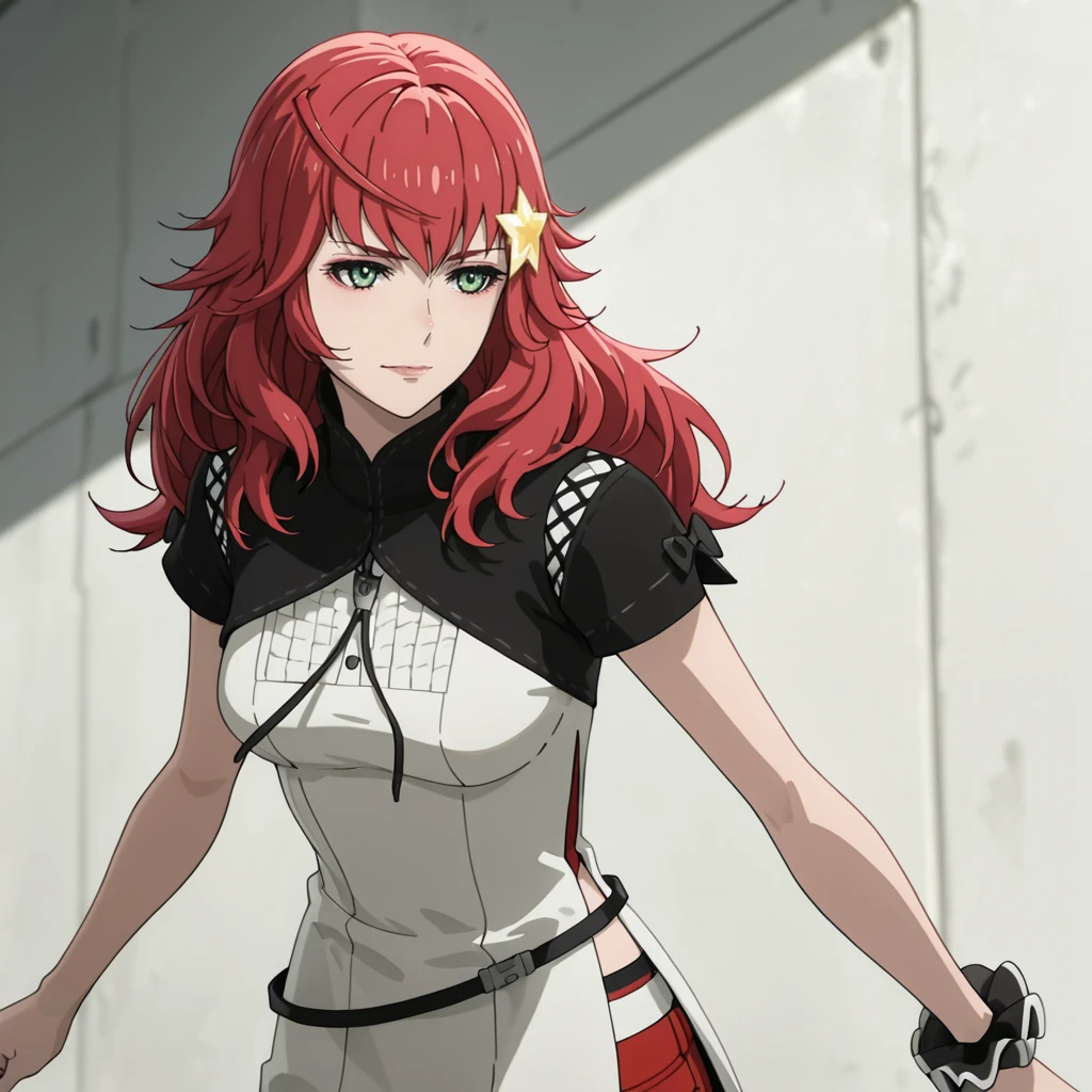 <lora:DevolaPopolaNierAnime_illustrious_v1:1> Devola, 1girl, red hair, star hair ornament, star (symbol), medium breasts, dress, green eyes, long hair