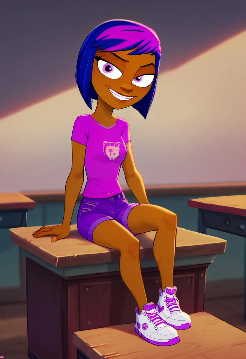 [riley_fairfeather], [uploaded to e621.net; (napalm_express), (pudgeruffian)], ((masterpiece)), ((High definition)), ((detailed shading)), ((beautiful solo portrait)), ((full body)), ((side view)), ((anime girl)), ((beautiful 2D art)), {(attractive); dark-skinned female, cute purple eyes, short hair, (two-toned hair), (gradient hair), happy smile, (white teeth), (curvaceous hips), (beautiful defined legs)}, {(black crop top) (hips exposed), (low-rise denim short shorts), (navy canvas sneakers), (ear piercings)}, {(Squatting on sidewalk), (looking at viewer)}, [background; (skate park), (daytime), (sunny)]
