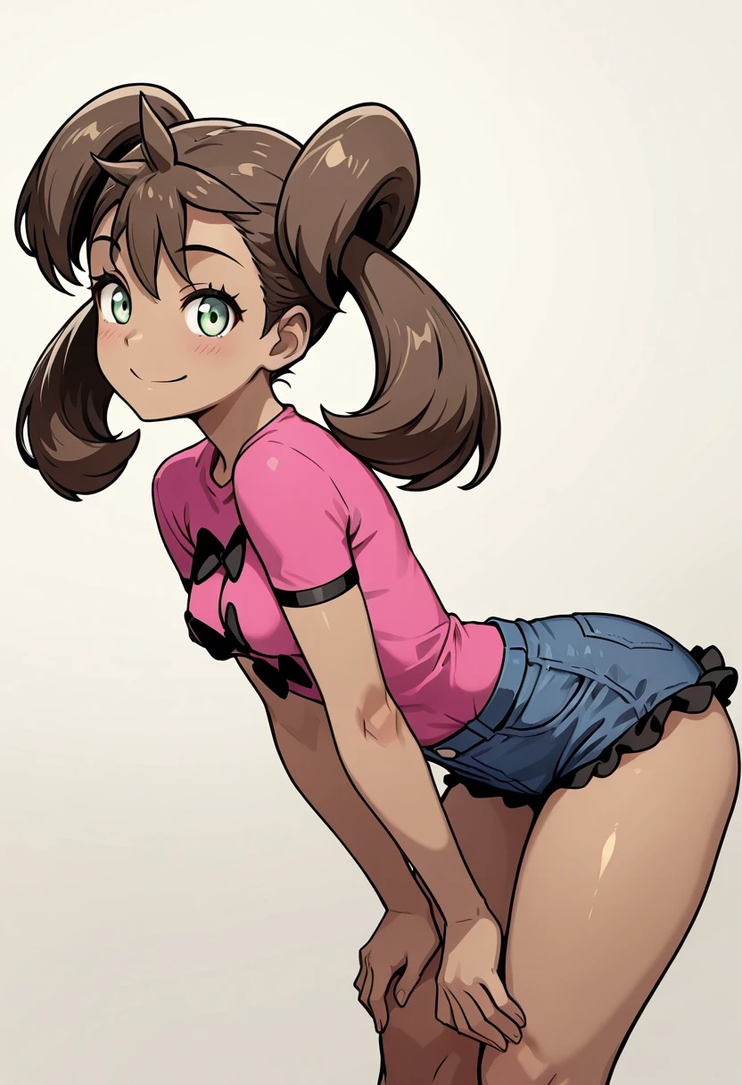 masterpiece, best quality, solo, curvy, beautiful eyes, narrow waist, shiny skin,zzShauna, dark skin, twintails, brown hair, long hair, green eyes, pink shirt, short shorts ,<lora:ShaunaPokemon_IXL_v1:1.0>,bent over, hands on knees, side view, flirty smile, cowboy shot, looking at viewer,