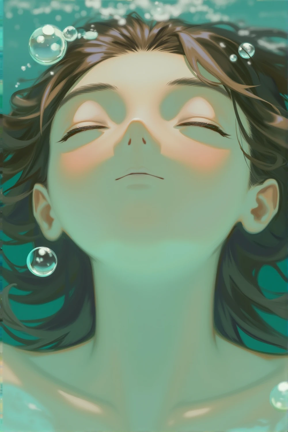 <lora:lora-flux-style_28-step00010640:1>, an artistic representation of a face, seemingly submerged in water. the face is surrounded by bubbles, and the water appears to be a turquoise hue. the art style is abstract, with the face and bubbles blending seamlessly into the water, creating a dreamy and ethereal atmosphere.,1girl,solo,closed eyes,bubble,underwater,air bubble,portrait,lips,closed mouth,water,brown hair,submerged