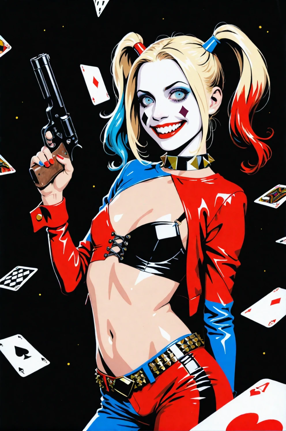 score_9, score_8_up, score_7_up, score_6_up, content_explicit, source_anime, high quality, high contrast, realistic, playing card, jester card, (1girl, harley quinn, petite girl, female:1.2), standing, small breasts, <lora:checkpoint-e94_s1222:0.8> SciFi, black, red, clown, jester, crazy grin, two-tone clothes, holding gun, <lora:Harley_Quinn_PDXL_spamb0t:0.5> <lora:clear:1> clear <lora:eye_catching:1> eye catching, drab <lora:great_lighting:1> great lighting, ahegao, <lora:Smith__Wesson_Model_29_Revolver_SDXL:1>