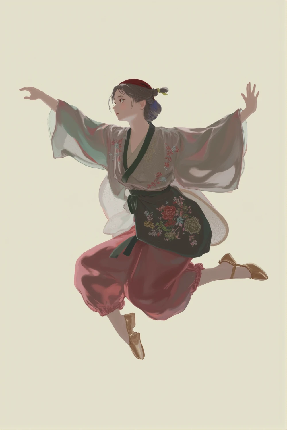 <lora:lora-flux-style_28-step00010640:1>, a person in mid-motion seemingly dancing or leaping. the individual is wearing a flowing multi-colored robe adorned with floral patterns. the robe has long sleeves and the person's arms are extended outward. the person is also wearing ballet pointe shoes. the background is plain and neutral emphasizing the subject. the overall mood of the image is dramatic and artistic.,1girl,solo,pale skin,pants,korean clothes,makeup,realistic,floral print,japanese clothes,full body,hat,shoes,jumping,outstretched arm