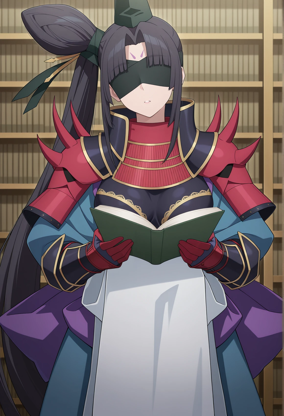 mature female, anime screencap, anime coloring, 1girl, very long hair, black hair, side ponytail, cone hair bun, pointy hat, forehead mark, japanese clothes, japanese armor, full armor, ribbon, pauldrons, obi, sash, blindfold. holding book, head tilt, confused, indoors, library, blindfold, reading <lora:taira_illus_r1:1>, masterpiece, best quality, amazing quality, very aesthetic, absurdres, highres, newest