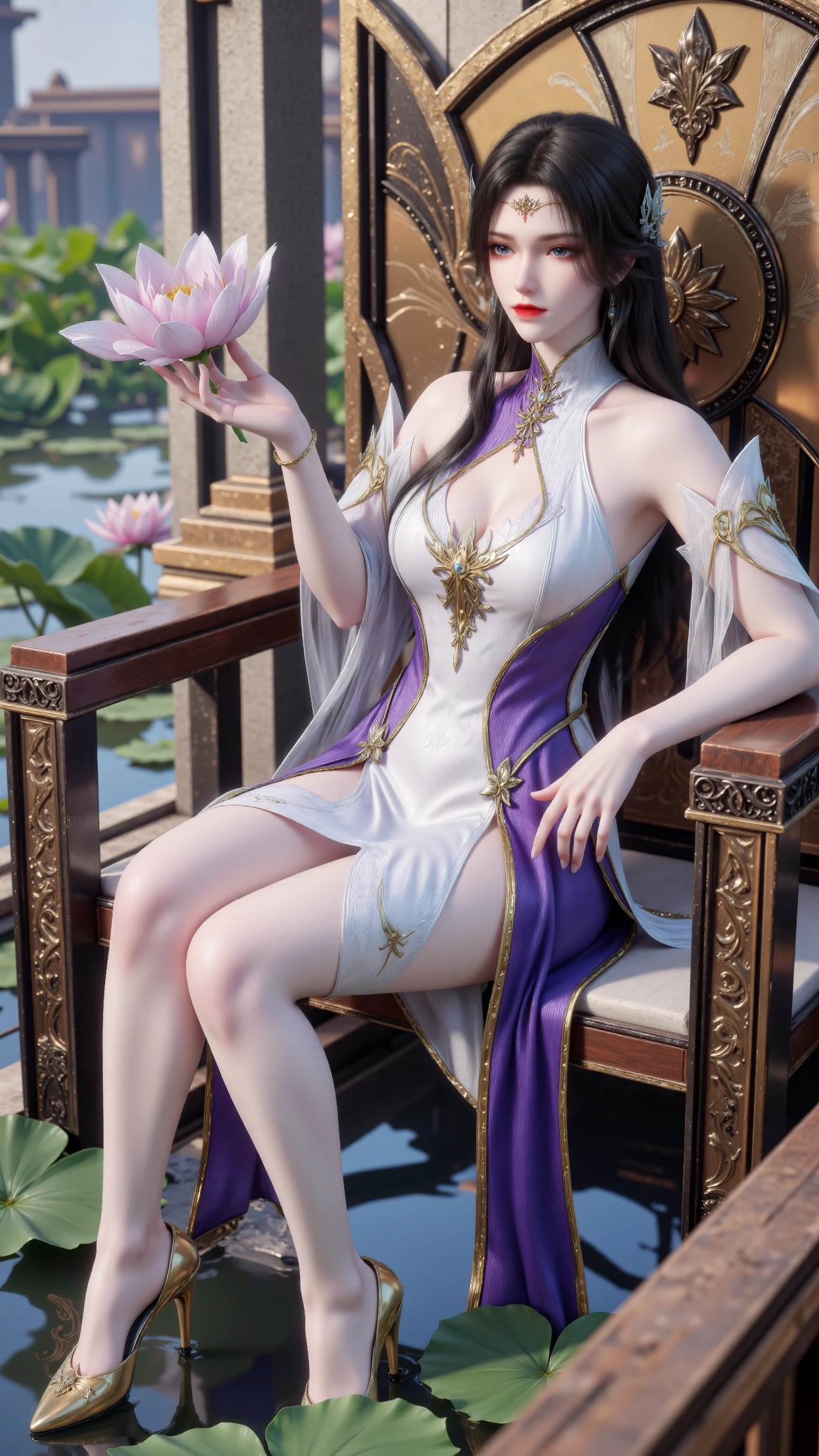 masterpiece, best quality, seaside, banquet, 1 female, mature woman, elegant, Chinese idol, ancient China, elder sister, Royal sister, Cheerful, A meatball head, light brown hair, pink eyes, Gorgeous headdress, light pink lips, pink clothes, yarn-like clothing, intellectuals, full bangs, Flat bangs, flower bulbs, Exquisite face shape,top knot（Rich picture，masterpiece品质）Beautiful 8K CG artwork，goddess-like pose，kneeling exercises，thin and soft，Translucent skin，black hair color hair、The perfect blend for medium-length and messy hair，fair and juicy skin，Big breasts，Perspective Part 1.2x enhanced contouring effect，Pajamas are delicate and transparent，Intricate and exquisite details，The background is a bit blurry，Charming and sexy legs，