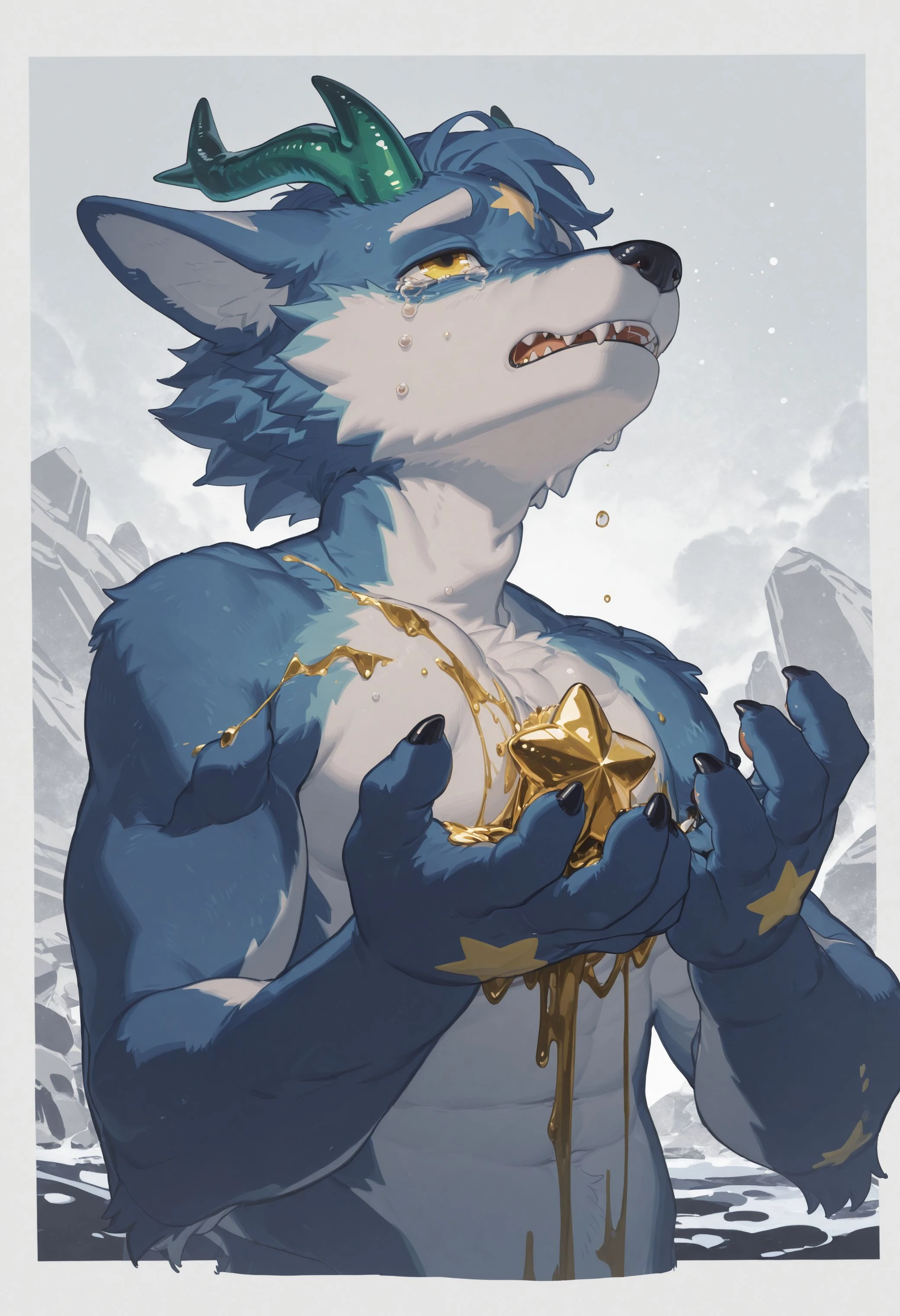 best quality, amazing quality, very aesthetic, absurdres, newest, by juo1, furry, furry male, male focus, bara, wolf, blue body, emerald horns, yellow eyes, star symbol on body, two-tone body, fangs, looking up, outstretched hand, sad, crying, tears of liquid gold, short hair, upper body, looking at viewer, tired, no humans, <lora:Juo1_style_Illustrious:1>