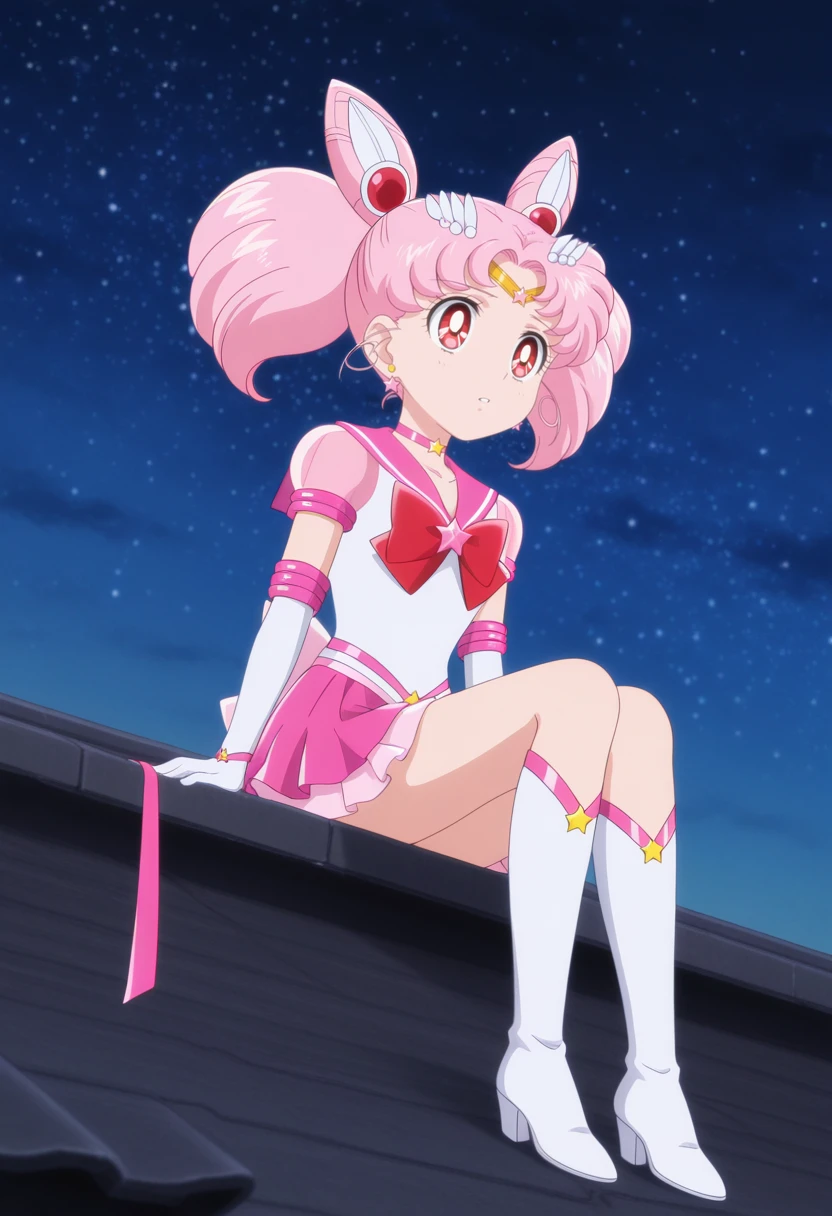 obra maestra, Mejor calidad, absurdos, perfect anatomy, 1 girl, Solo, SMMoon, adolescente, 1990s \(Estilo\), Sailor Chibi Luna Cabello Rosa, pupilas rosadas ojos, subir las escaleras, de cerca, Sonrisa, tiro de vaquero, Uniforme Sailor Senshi Rosa, Collar marinero rosa, falda plisada rosa, guantes de codo, en postura de espalda, Show off your loot, backward, No hay tanga en un gran trasero, cuerpo completo, aausagi, de cerca booty (falda levantada por el viento, Exponiendo su) (cara de alto detalle)