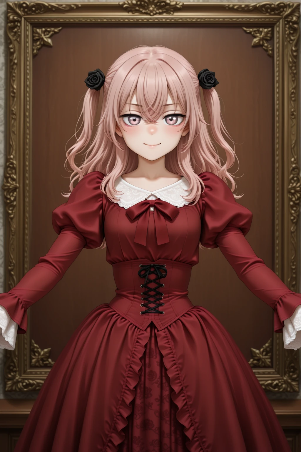 masterpiece, best quality, amazing quality, 1girl, solo, makeup, general, looking at viewer, blush, cowboy shot, smile, boutique, indoors, fancy, blush, lovely, spread arms, looking at viewer, <lora:sajuna-inui-s1-illustriousxl-lora-nochekaiser:1>, sajuna inui, inui sajuna, long hair, bangs, hair ornament, hair between eyes, pink hair, pink eyes, two side up, crossed bangs, black flower, black rose, mature female, small breasts, <lora:Victorian_Whim_Velvet_Dress:1>, Victorian_Whim_Velvet_Dress, long dress, red dress, puffy long sleeves, juliet sleeves, frills, red bow, red ribbon, floral print, cross-laced clothes, corset, <lora:wai-2Rectified-V140:1>, <lora:illustrious_noobai_epsilon_pred_1_masterpieces_v1:1>